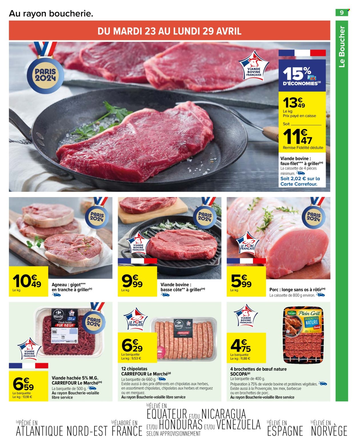thumbnail - Catalogue Carrefour Hypermarchés - 23/04/2024 - 06/05/2024 - Produits soldés - viande, viande boeuf, viande de porc, longe de porc, viande hachée, chipolata, brochettes de bœuf. Page 11.