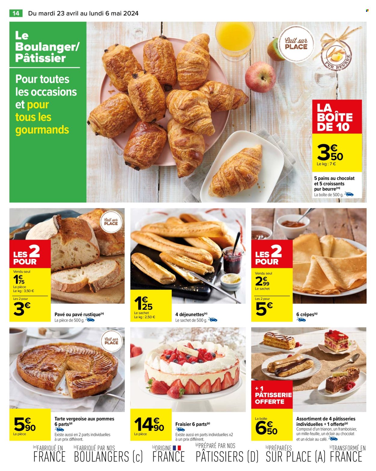 thumbnail - Catalogue Carrefour Hypermarchés - 23/04/2024 - 06/05/2024 - Produits soldés - croissant, pain, pain au chocolat, crêpes, tarte, fraisier, pâtisseries sucrées. Page 16.