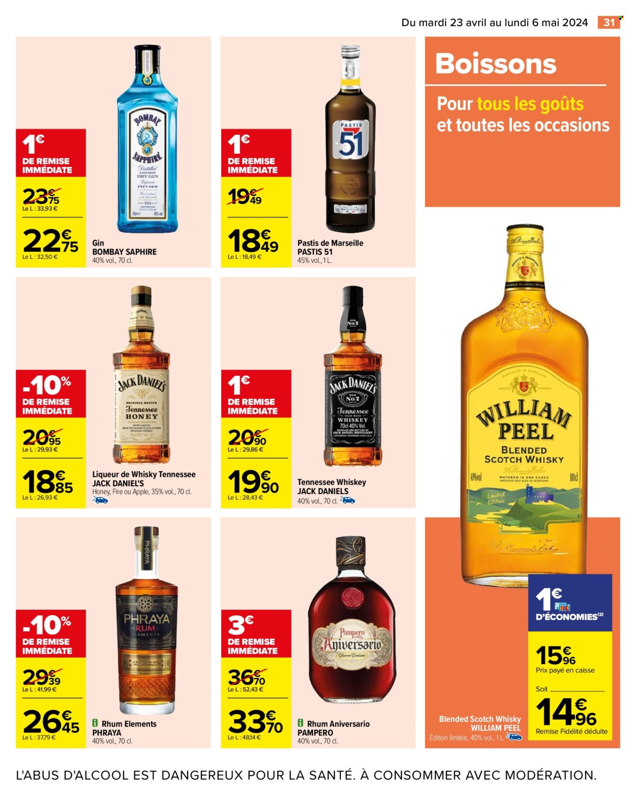 thumbnail - Catalogue Carrefour Hypermarchés - 23/04/2024 - 06/05/2024 - Produits soldés - alcool, gin, pastis, whisky, liqueur, Jack Daniel, rhum. Page 33.