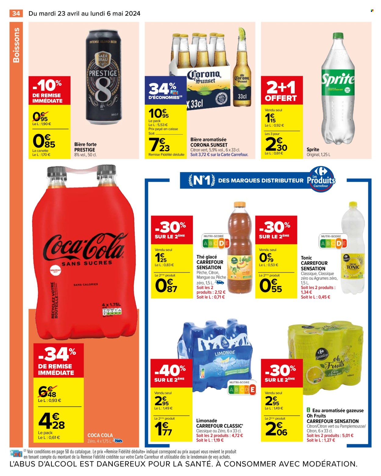 thumbnail - Catalogue Carrefour Hypermarchés - 23/04/2024 - 06/05/2024 - Produits soldés - bière, alcool, Sprite, Coca-Cola, boire, thé glacé, tonic, limonade, eau aromatisée. Page 36.