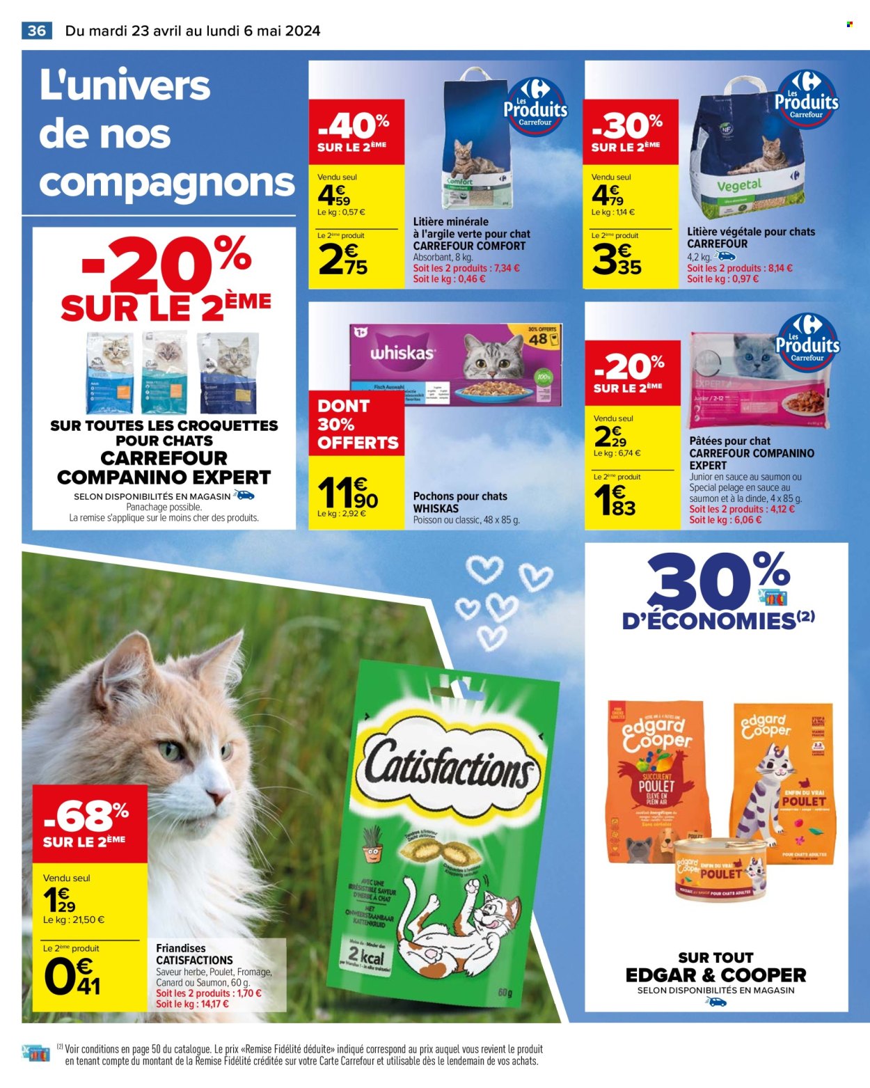 thumbnail - Catalogue Carrefour Hypermarchés - 23/04/2024 - 06/05/2024 - Produits soldés - litière, repas pour chat, croquettes, Whiskas. Page 38.