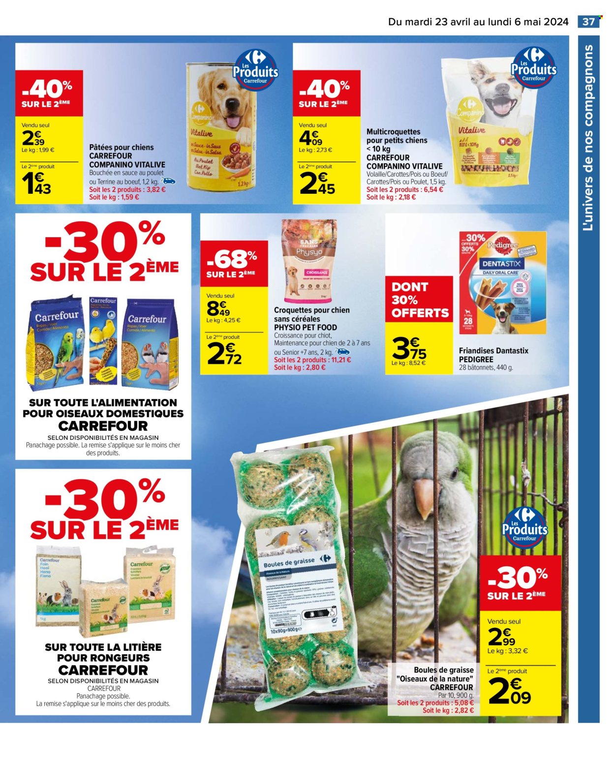 thumbnail - Catalogue Carrefour Hypermarchés - 23/04/2024 - 06/05/2024 - Produits soldés - croquettes chien, Pedigree, aliment pour oiseaux, litière. Page 39.
