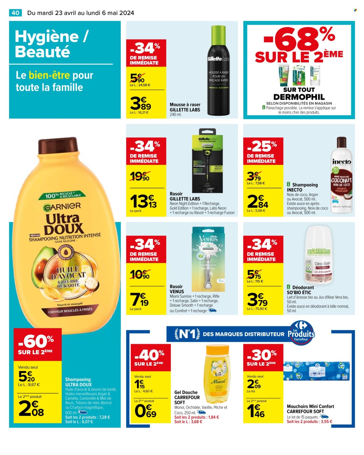 thumbnail - Catalogue Carrefour Hypermarchés - 23/04/2024 - 06/05/2024 - Produits soldés - Gillette, mousse à raser, rasoir, shampooing, Ultra Doux, déodorant, desodorisant, gel douche, mouchoirs. Page 42.