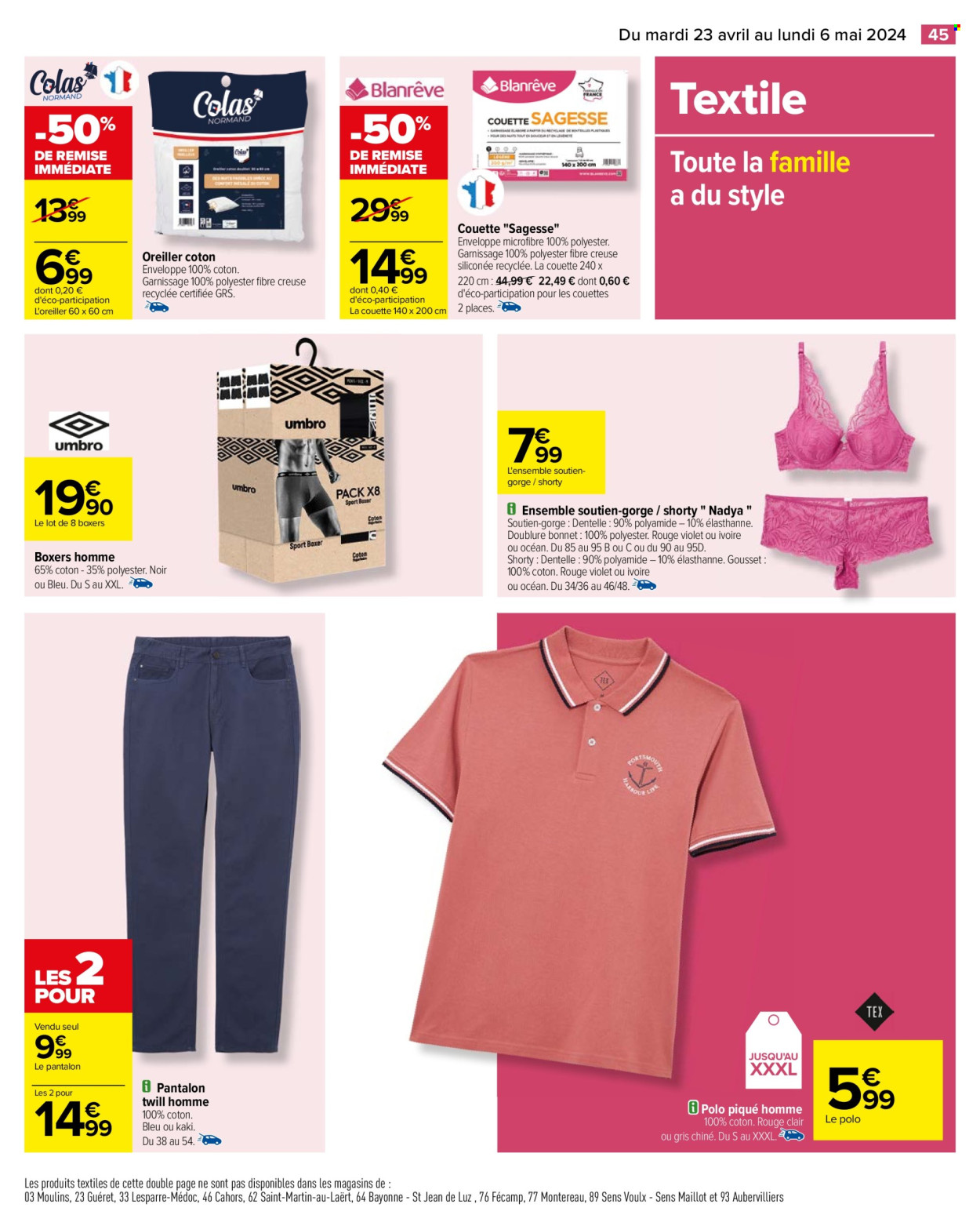 thumbnail - Catalogue Carrefour Hypermarchés - 23/04/2024 - 06/05/2024 - Produits soldés - oreiller, couette, Umbro, boxers, soutien-gorge, pantalon. Page 47.