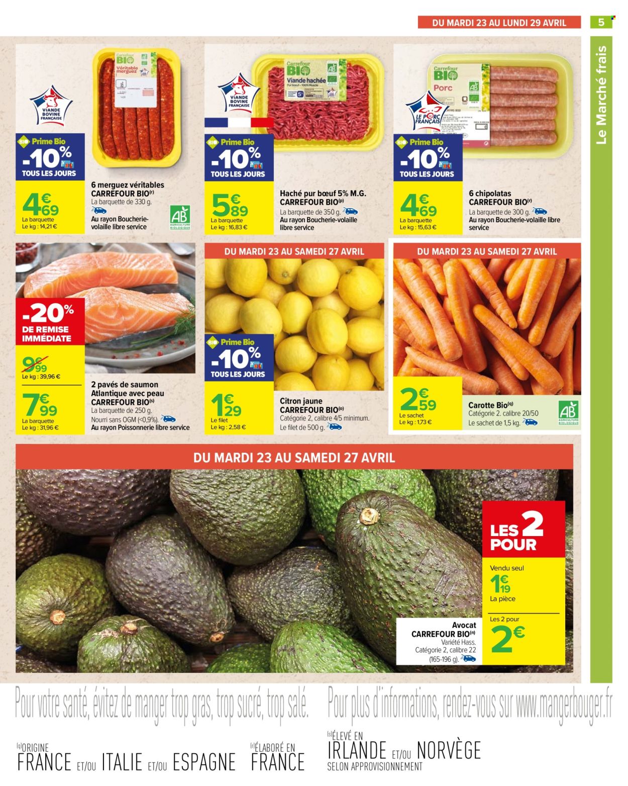 thumbnail - Catalogue Carrefour Hypermarchés - 23/04/2024 - 06/05/2024 - Produits soldés - merguez, chipolata, saumon, pavés de saumon, citron, carotte, avocat. Page 7.