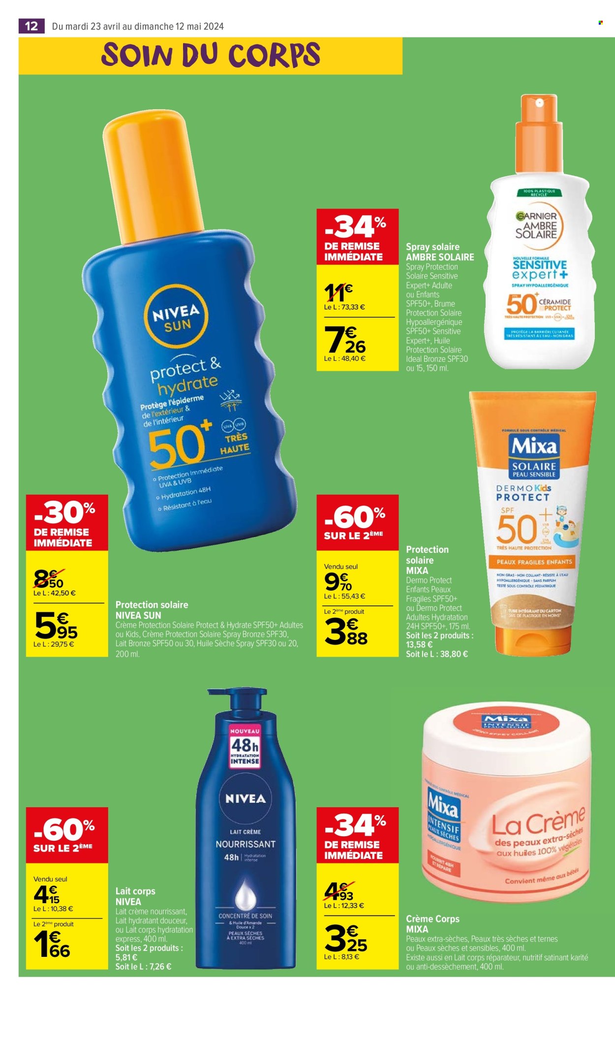 thumbnail - Catalogue Carrefour Market - 23/04/2024 - 05/05/2024 - Produits soldés - Nivea, spray solaire, Mixa, lotion pour le corps, lait soin corps. Page 14.