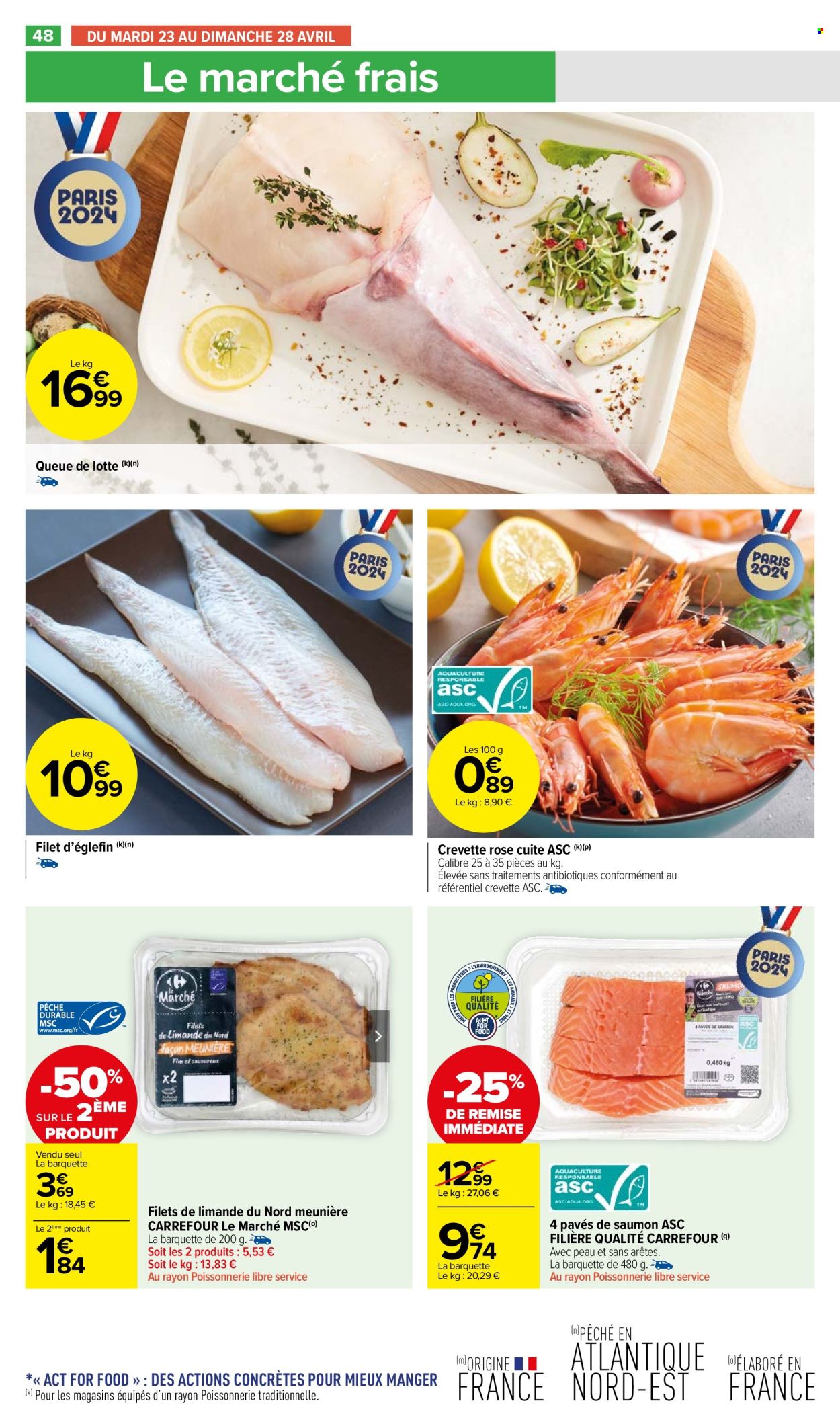 thumbnail - Catalogue Carrefour Market - 23/04/2024 - 05/05/2024 - Produits soldés - queue de lotte, eglefin, filet de poisson, crevettes, crevette rosé, limande, saumon, pavés de saumon. Page 50.