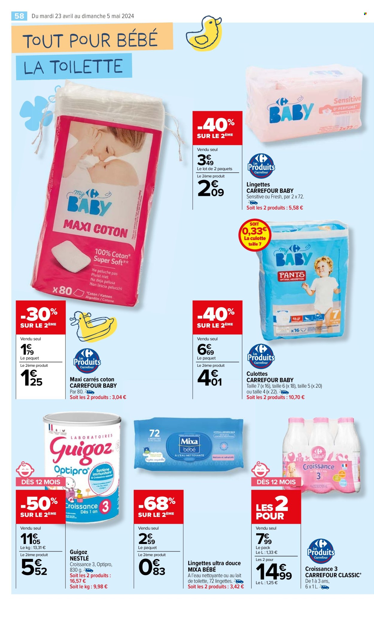 thumbnail - Catalogue Carrefour Market - 23/04/2024 - 05/05/2024 - Produits soldés - lingettes, serviettes pour bébé, Mixa, Nestlé, lait de croissance. Page 60.
