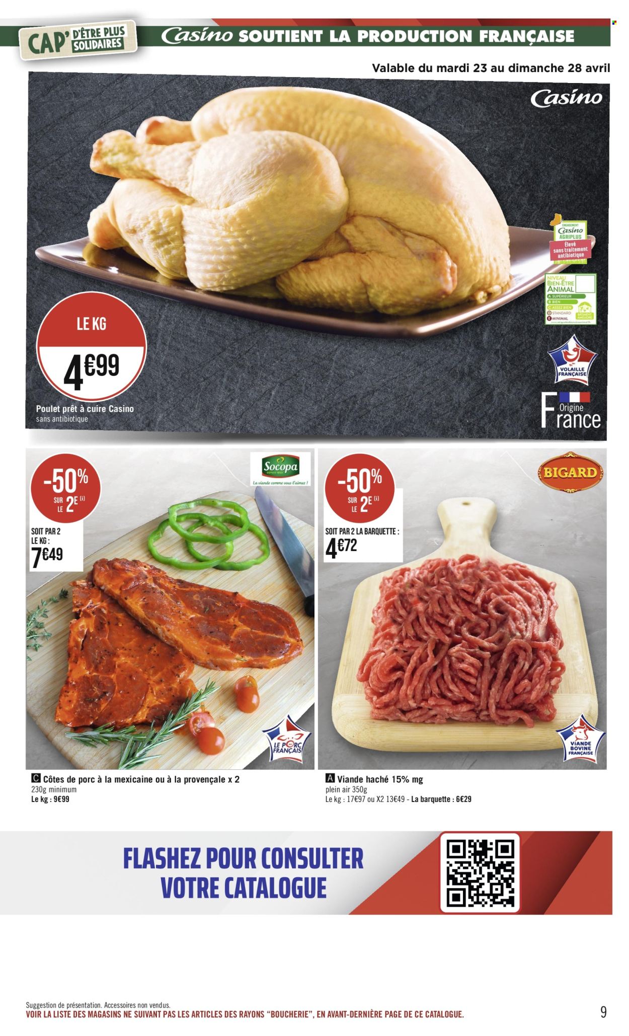 thumbnail - Catalogue Casino Supermarchés - 23/04/2024 - 05/05/2024 - Produits soldés - côtes de porc, viande de porc, viande, poulet, viande de poulet, viande boeuf, fleur. Page 9.