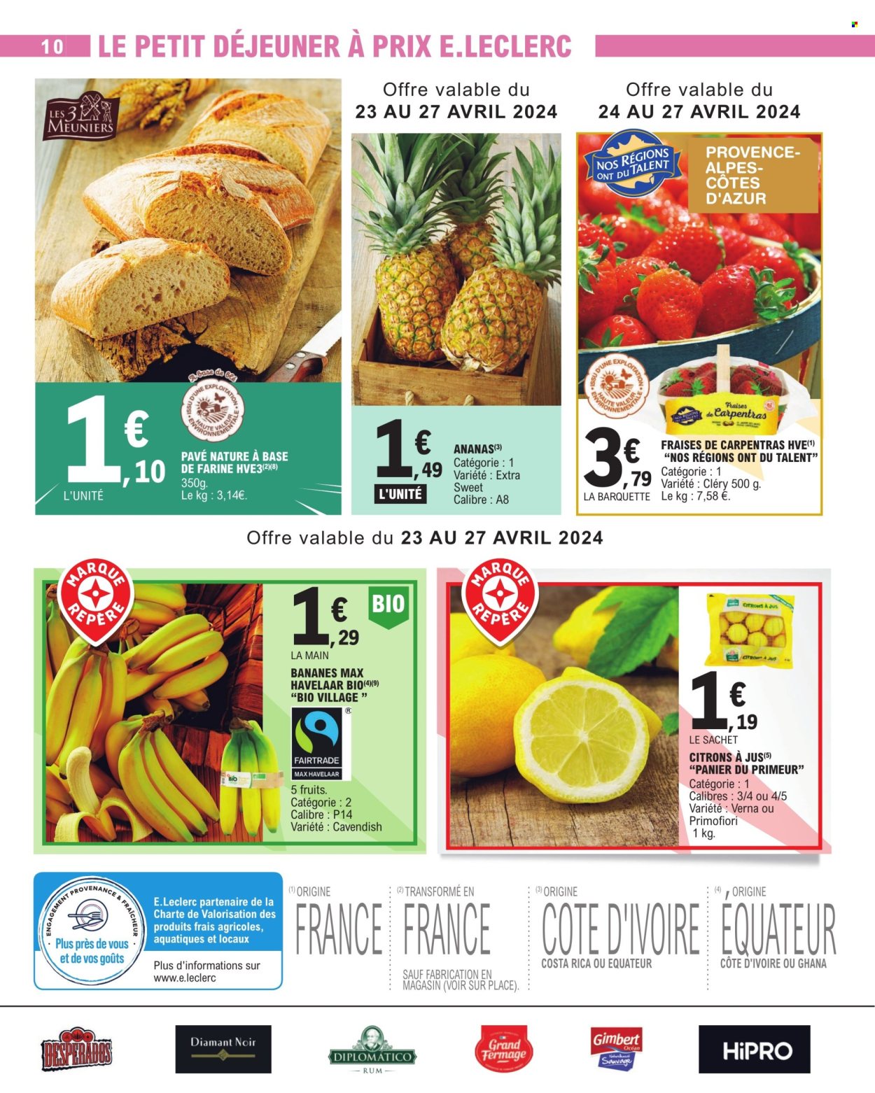 thumbnail - Catalogue E.Leclerc - 23/04/2024 - 04/05/2024 - Produits soldés - bananes, citron, fraises, pavé nature, Diplomatico, fleur. Page 10.