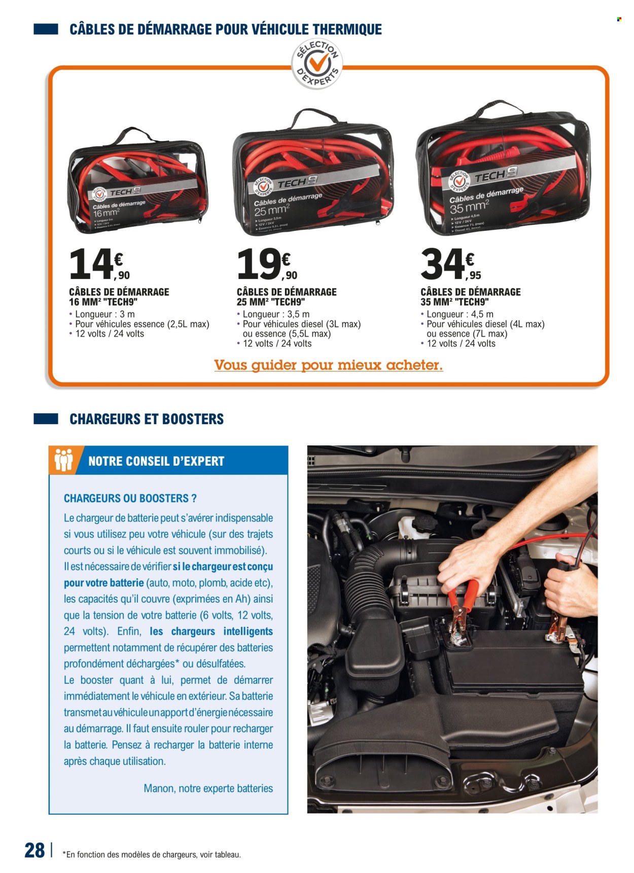 thumbnail - Catalogue E.Leclerc - 23/04/2024 - 30/03/2025 - Produits soldés - chargeur de batterie, câbles de démarrage. Page 28.