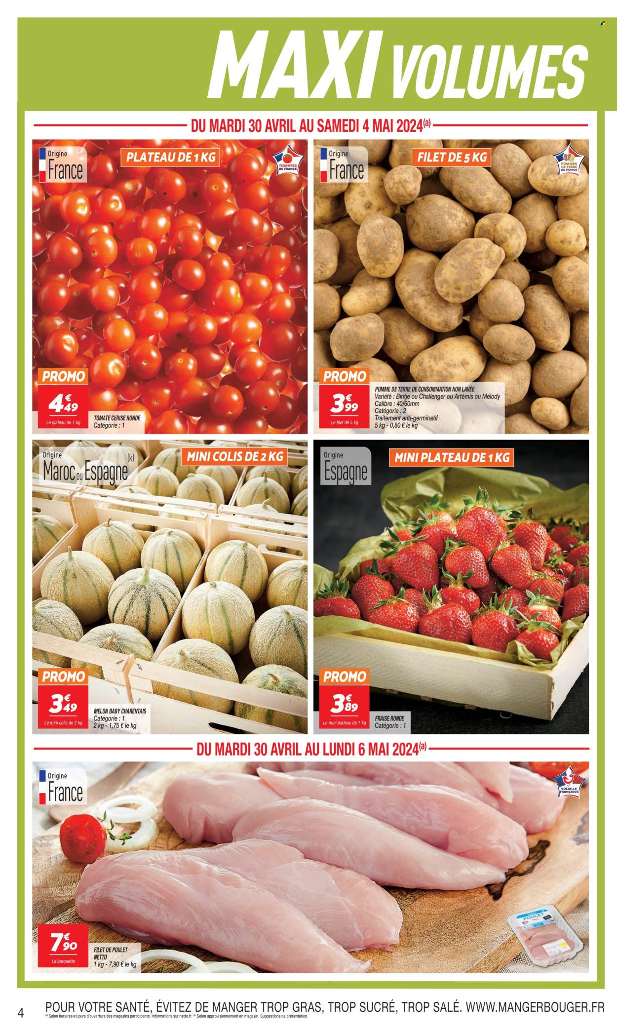 thumbnail - Catalogue Netto - 30/04/2024 - 13/05/2024 - Produits soldés - melon, tomates, pommes de terre, filet de poulet, viande de poulet, fleur. Page 4.