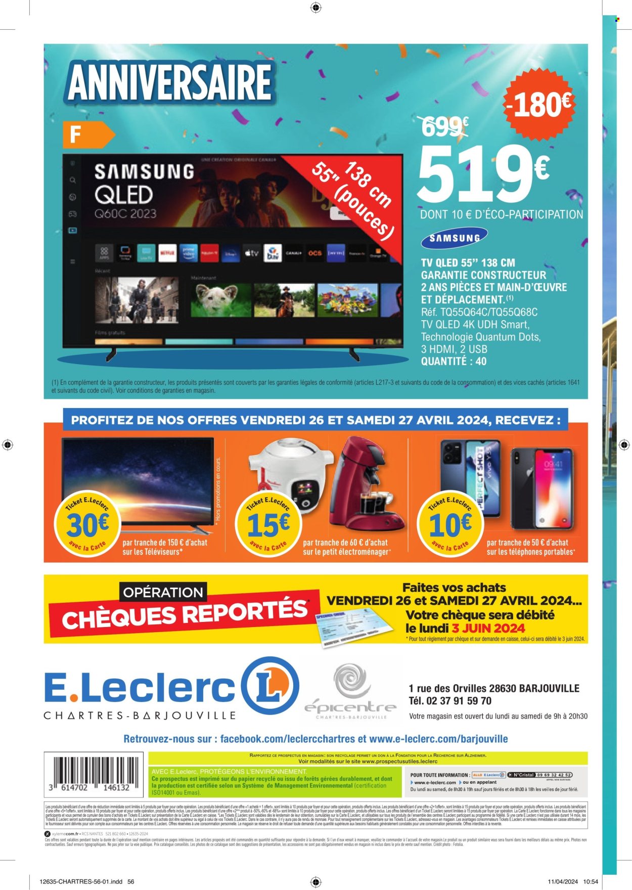 thumbnail - Catalogue E.Leclerc - 23/04/2024 - 04/05/2024 - Produits soldés - Samsung, téléviseur, TV QLED. Page 56.