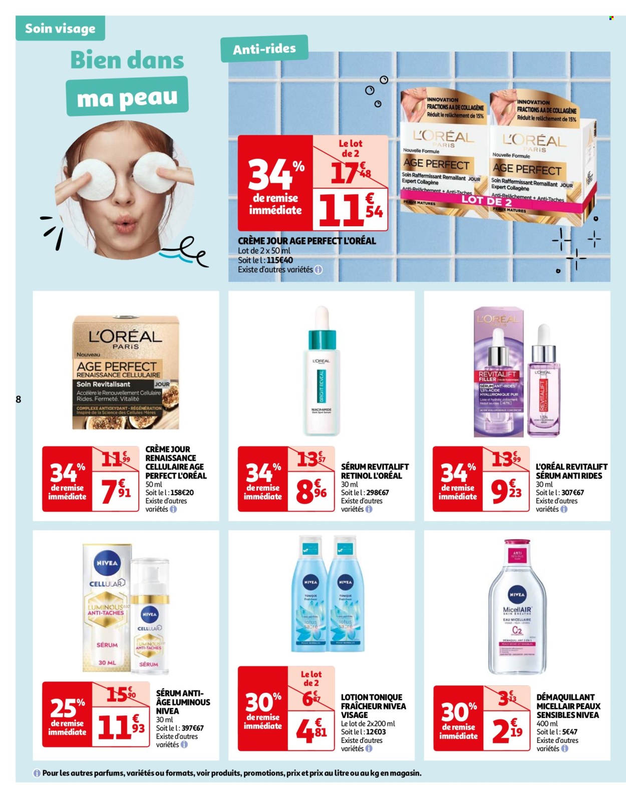 thumbnail - Catalogue Auchan - 23/04/2024 - 06/05/2024 - Produits soldés - L'Oréal, crème de jour, sérum, Nivea, sérum anti-âge, Soins du visage. Page 8.