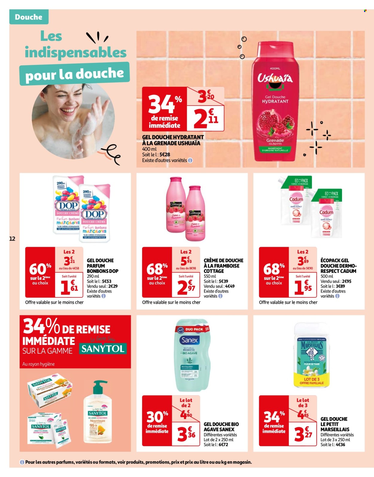thumbnail - Catalogue Auchan - 23/04/2024 - 06/05/2024 - Produits soldés - grenade, gel douche, crème de douche, Sanex, Le Petit Marseillais, Sanytol. Page 12.