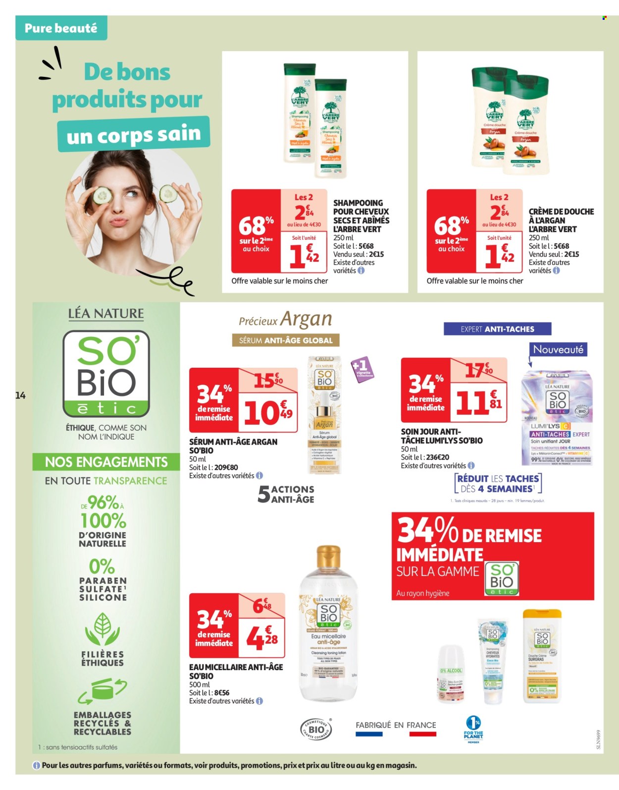 thumbnail - Catalogue Auchan - 23/04/2024 - 06/05/2024 - Produits soldés - L'Arbre Vert, shampooing, crème de douche, sérum, sérum anti-âge, eau micellaire. Page 14.