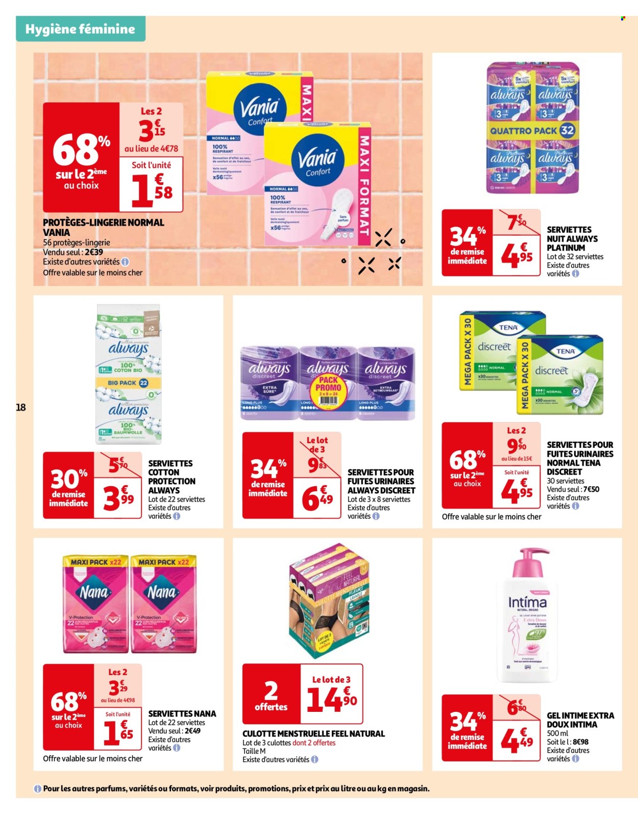 thumbnail - Catalogue Auchan - 23/04/2024 - 06/05/2024 - Produits soldés - lingerie, Always, Discreet, Tena, serviettes hygiéniques, culotte, culotte menstruelle, soin intime. Page 18.