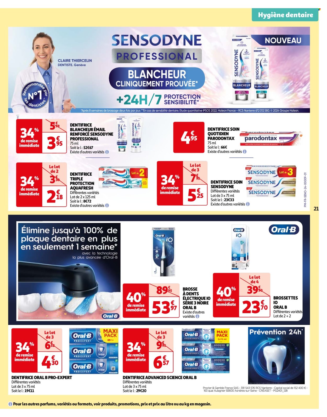 thumbnail - Catalogue Auchan - 23/04/2024 - 06/05/2024 - Produits soldés - dentifrice, Sensodyne, Parodontax, Oral-b, brosse à dents, brosse à dents électrique, brossettes. Page 21.