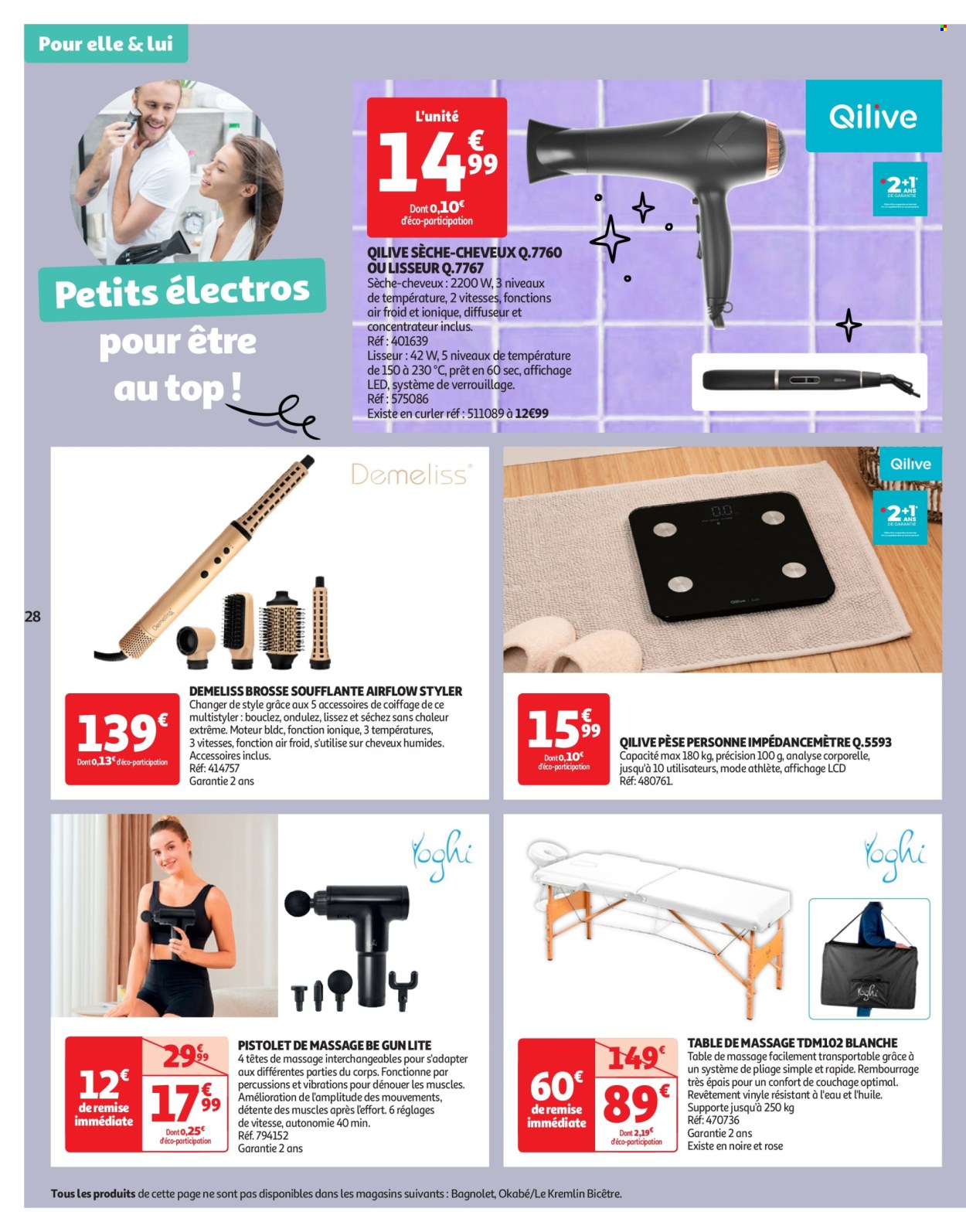 thumbnail - Catalogue Auchan - 23/04/2024 - 06/05/2024 - Produits soldés - fer à cheveux, sèche-cheveux, brosse soufflante, impédancemètre, table de massage, diffuseur, vinyle. Page 28.