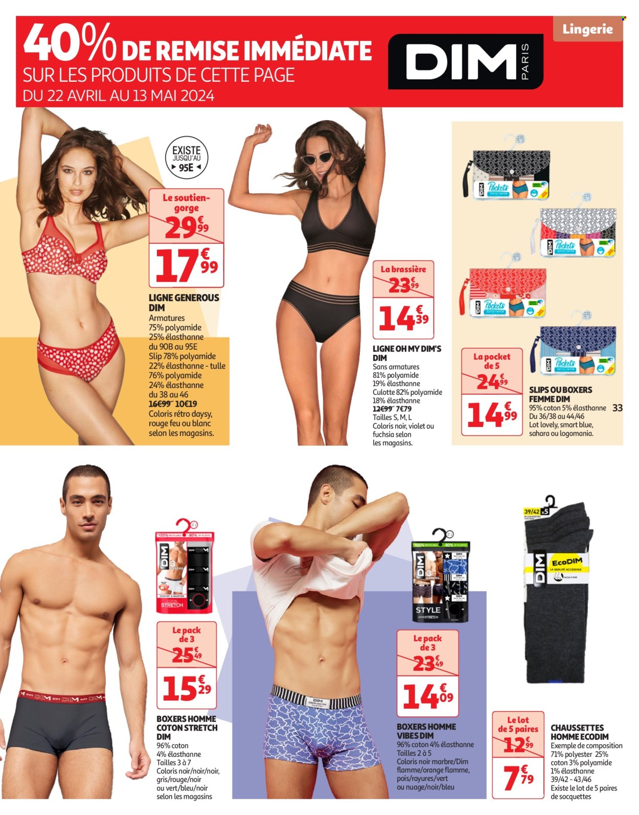 thumbnail - Catalogue Auchan - 23/04/2024 - 06/05/2024 - Produits soldés - ligne, collant, slip, boxers, chaussettes, culotte, brassière, lingerie. Page 33.