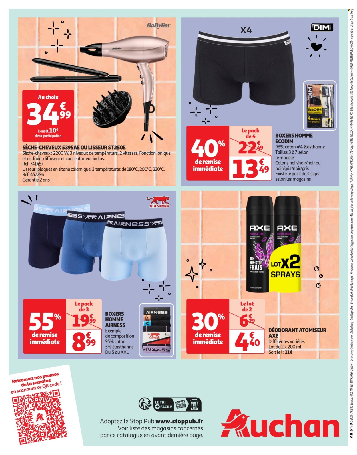 thumbnail - Catalogue Auchan - 23/04/2024 - 06/05/2024 - Produits soldés - boxers, fer à cheveux, sèche-cheveux, Axe, déodorant, desodorisant, diffuseur, slip. Page 36.