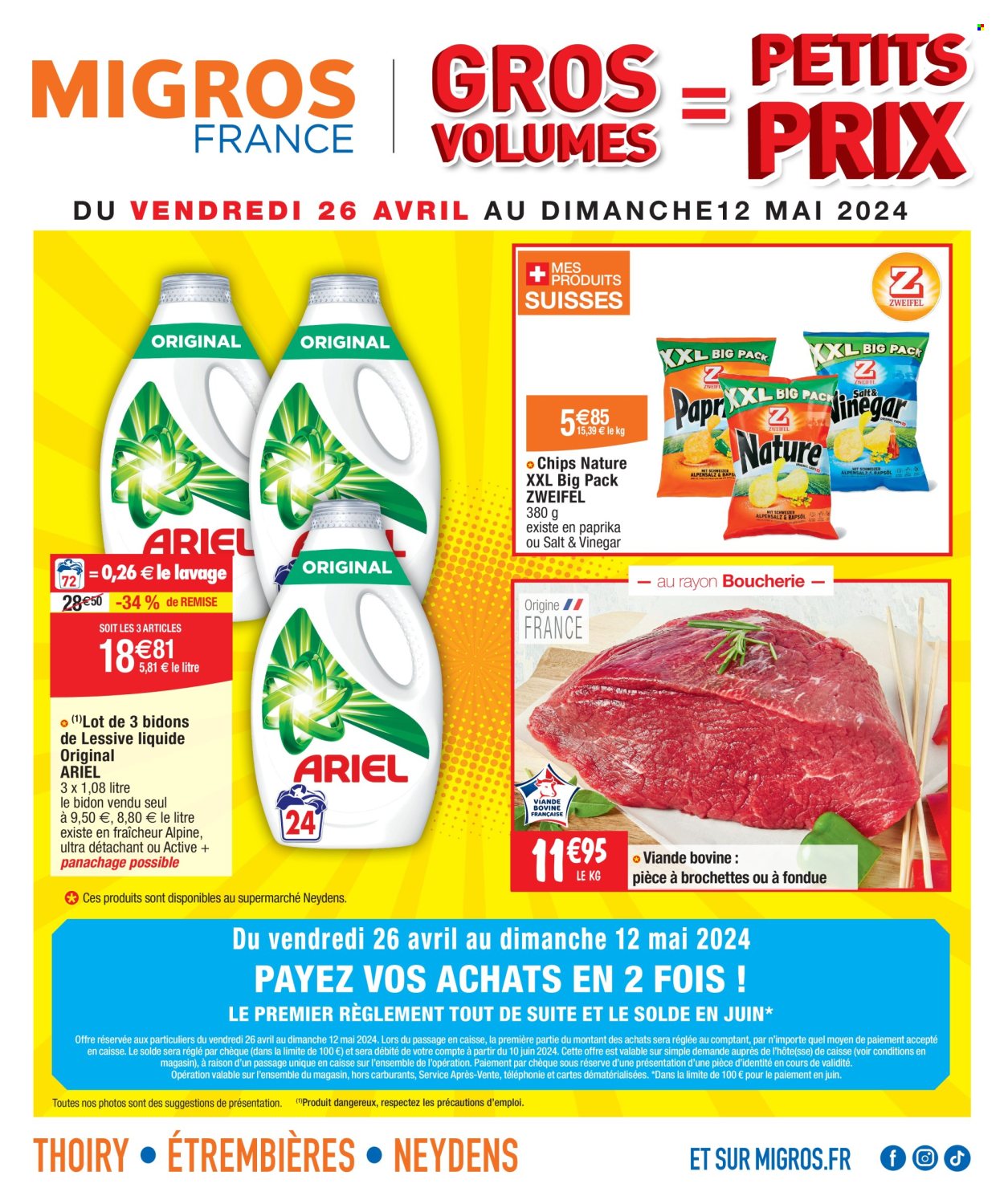 thumbnail - Catalogue Migros France - 26/04/2024 - 12/05/2024 - Produits soldés - viande, viande boeuf, chips, détachant, Ariel, lessive, règle. Page 1.