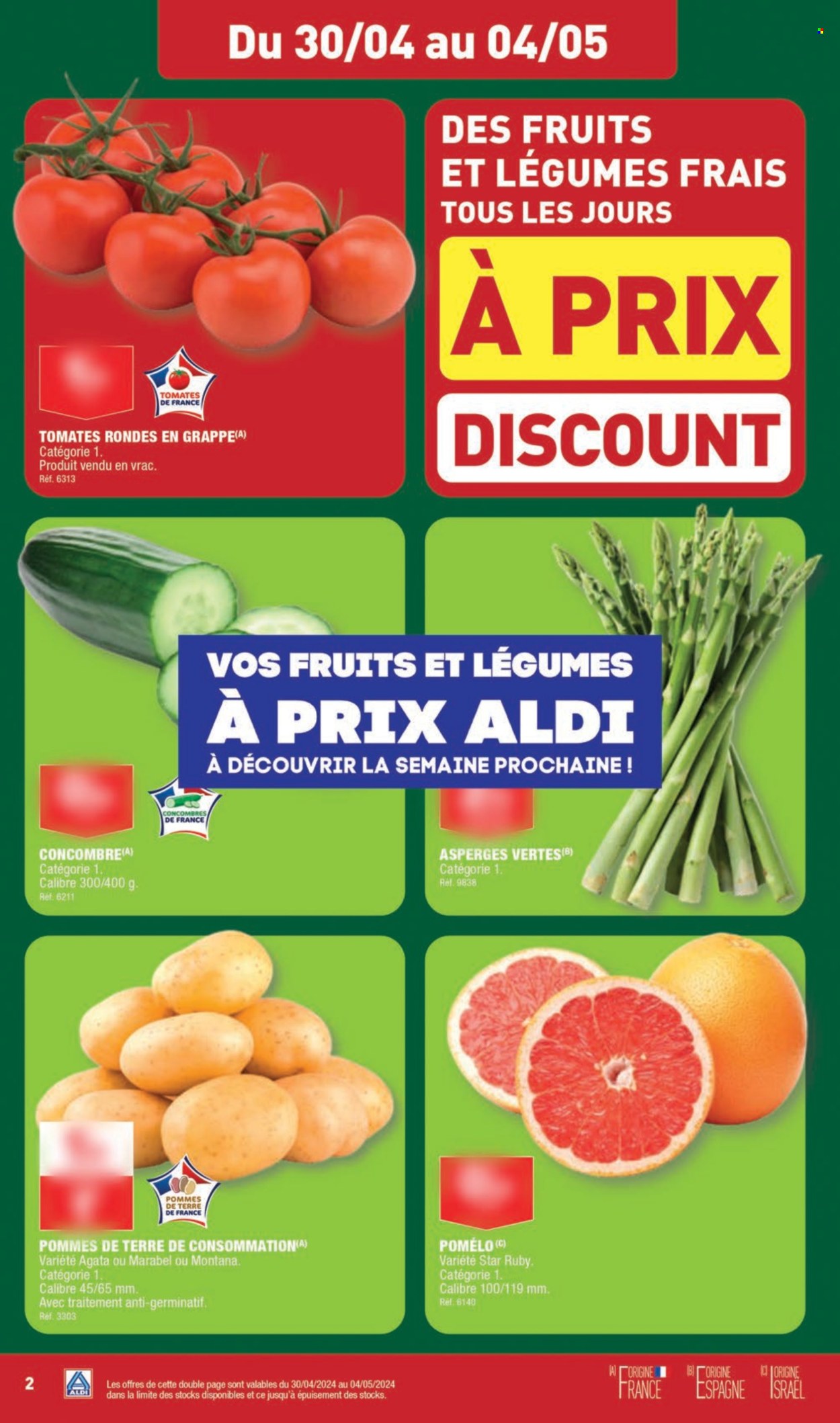 thumbnail - Catalogue ALDI - 30/04/2024 - 06/05/2024 - Produits soldés - pomelo, tomates, asperge, concombre, pommes de terre. Page 4.