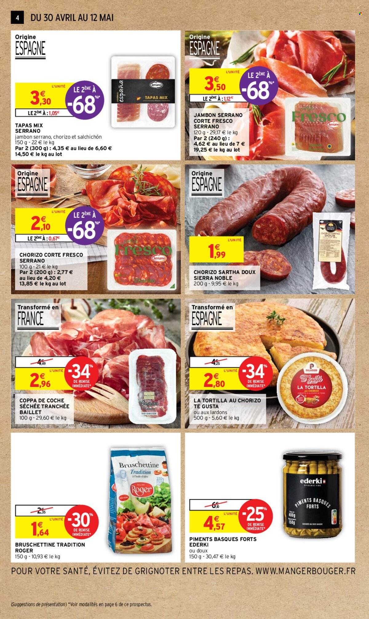 thumbnail - Catalogue Intermarché - 30/04/2024 - 12/05/2024 - Produits soldés - tortilla, plat cuisiné, coppa, chorizo, jambon, tapas. Page 4.