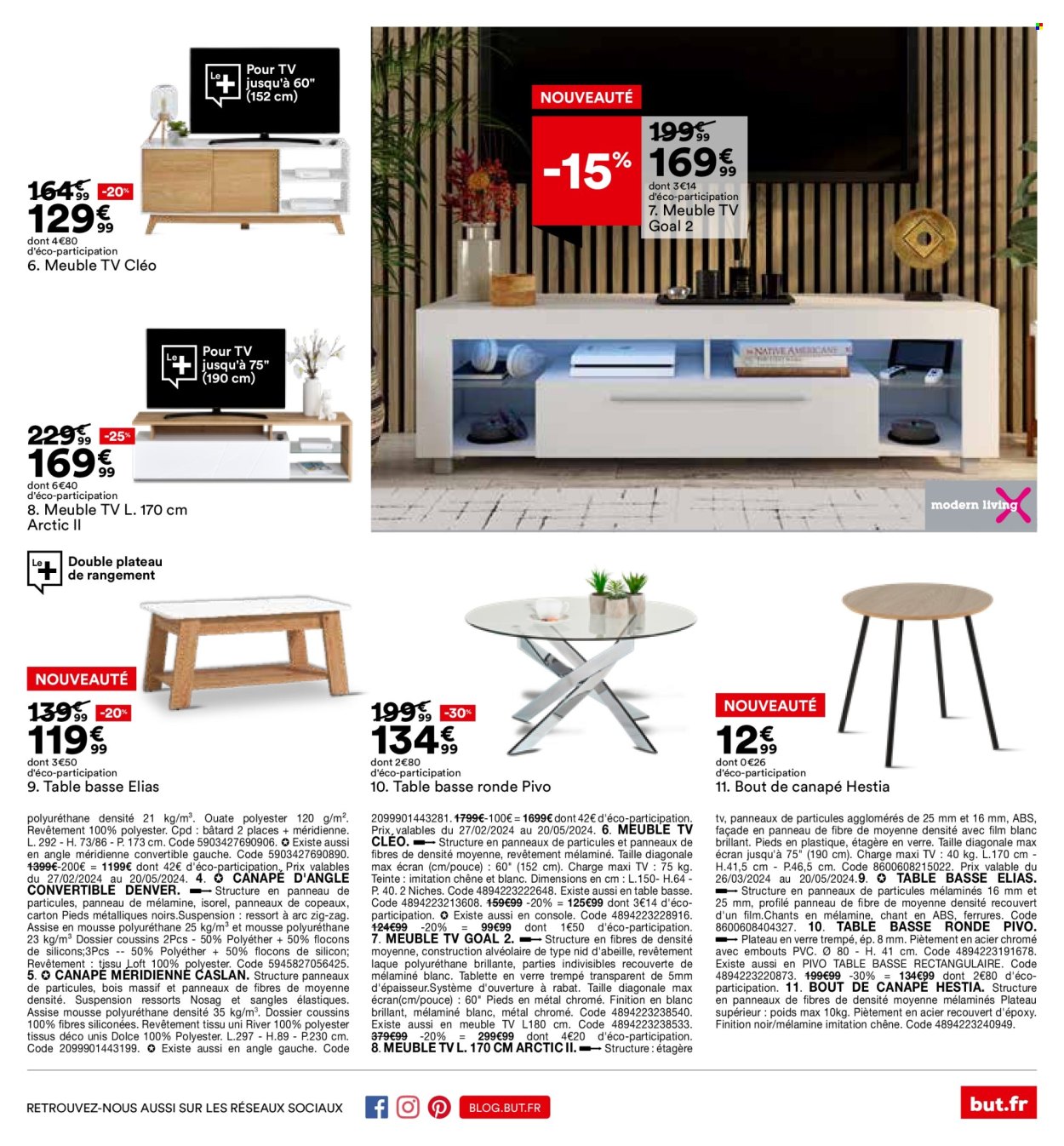 thumbnail - Catalogue BUT - 23/04/2024 - 20/05/2024 - Produits soldés - table, coffret, coussin, étagère, canapé d'angle, bout de canapé, meuble tv. Page 21.