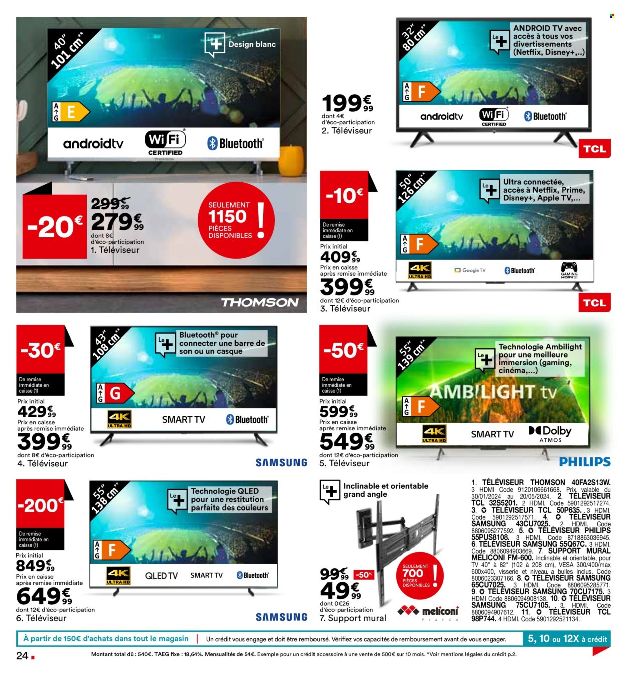 thumbnail - Catalogue BUT - 23/04/2024 - 20/05/2024 - Produits soldés - Thomson, Philips, Samsung, Apple, android tv, TCL, barre de son. Page 24.
