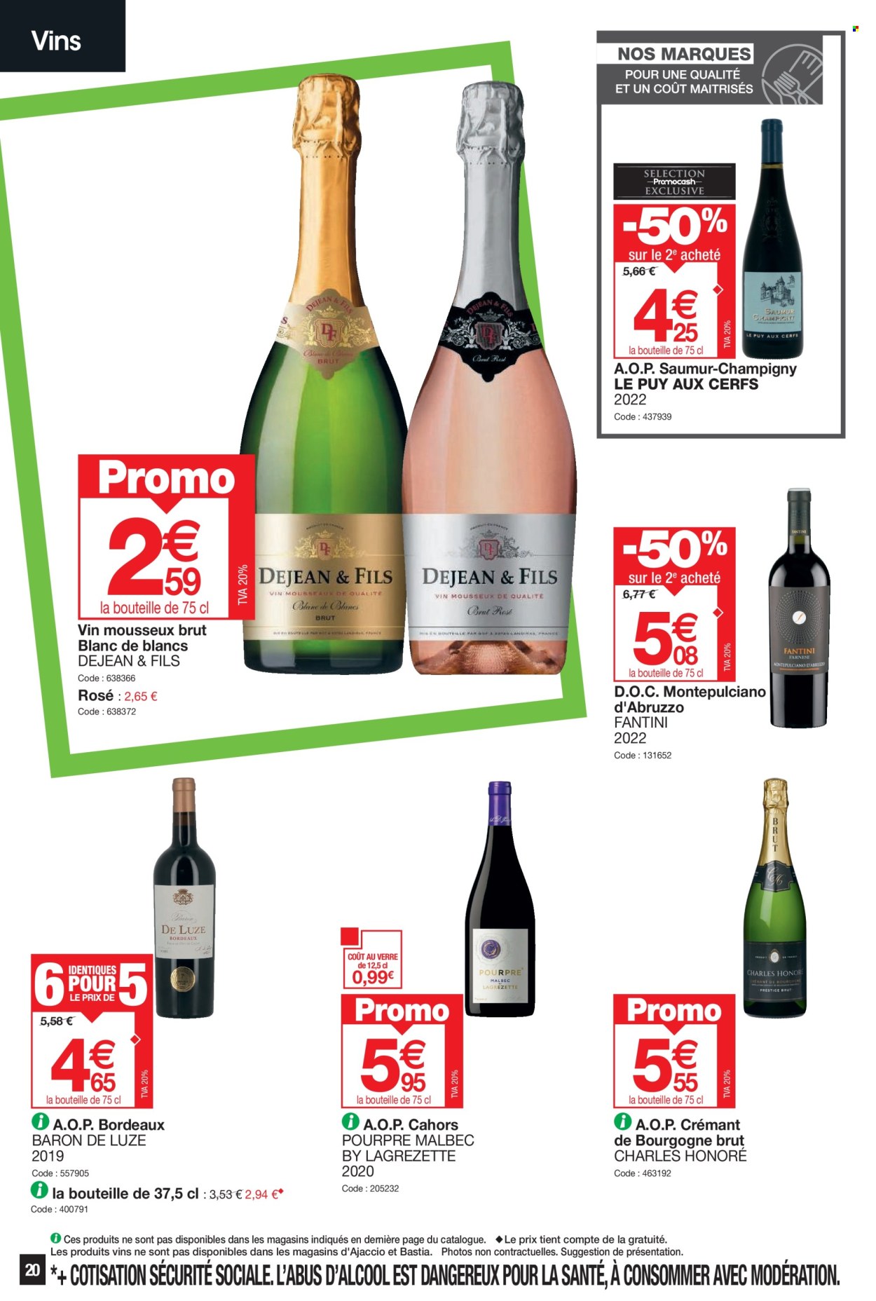 thumbnail - Catalogue Promocash - 25/04/2024 - 04/05/2024 - Produits soldés - alcool, Bordeaux, vin rouge, vin, Crémant de Bourgogne, vin pétillant, bourgogne, vins de Loire, verre. Page 20.