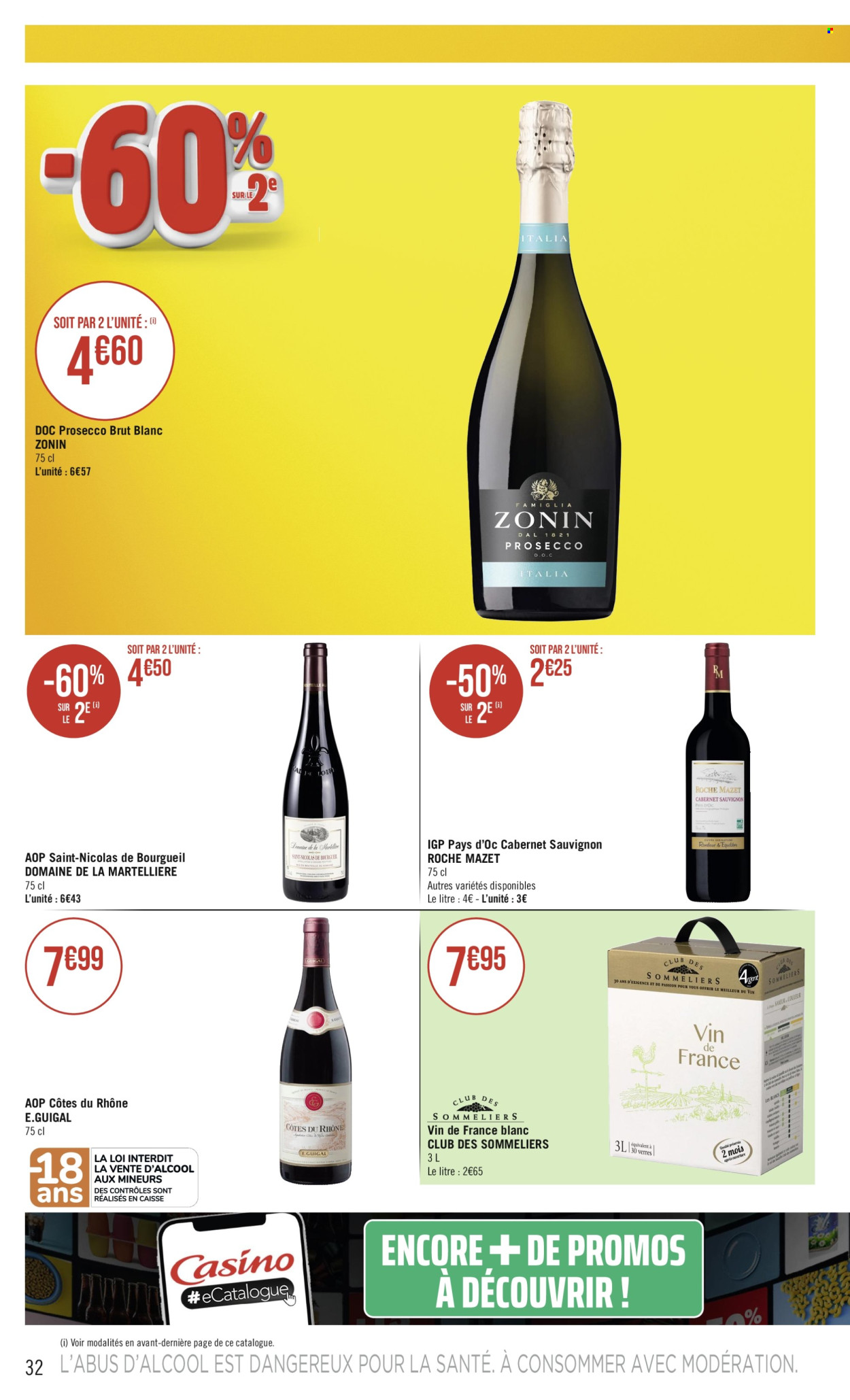 thumbnail - Catalogue Casino hyperFrais - 23/04/2024 - 05/05/2024 - Produits soldés - Côtes du Rhône, vin blanc, vin rouge, Prosecco, vin, Cabernet Sauvignon, vins de Loire. Page 32.