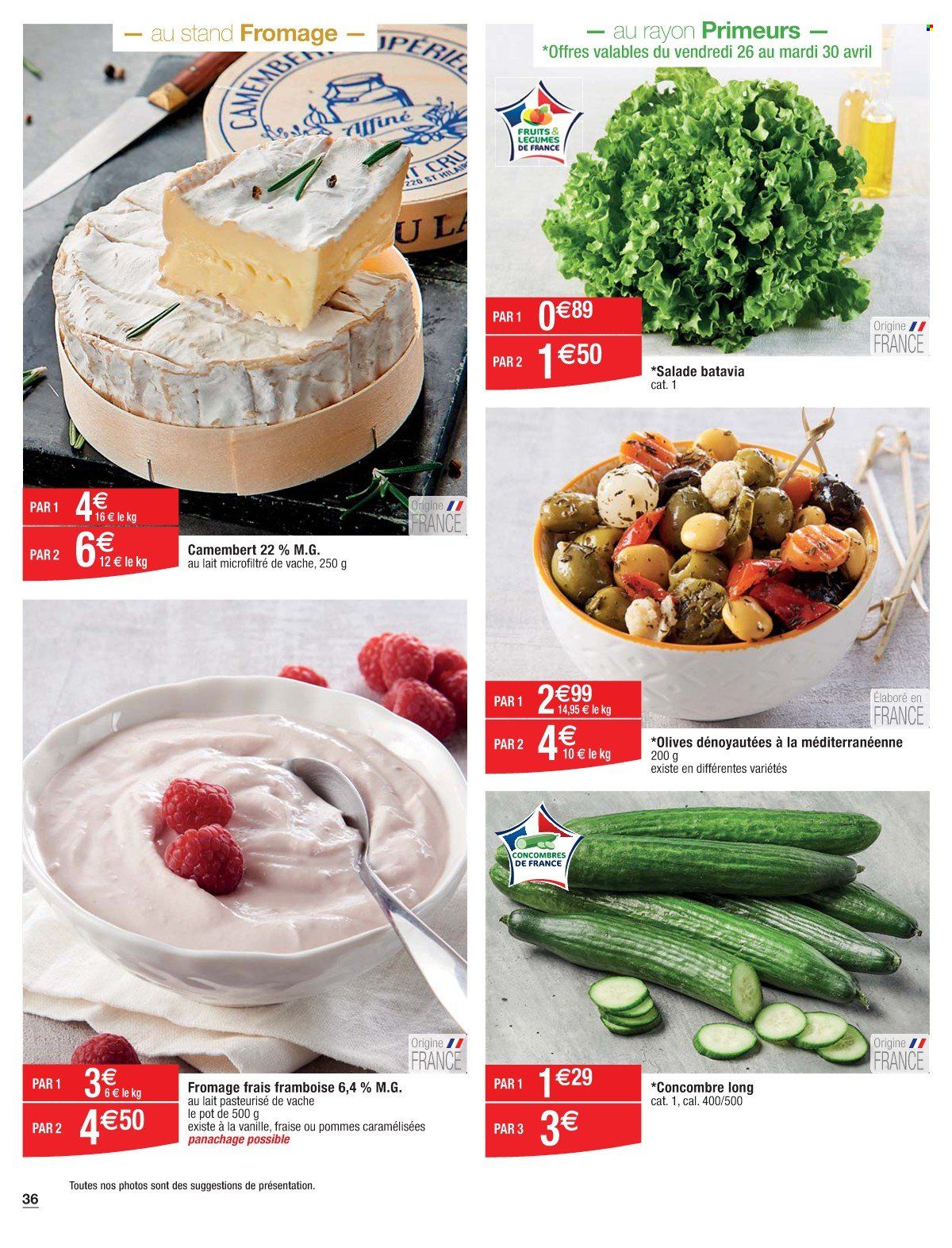 thumbnail - Catalogue Cora - 26/04/2024 - 11/05/2024 - Produits soldés - salade, salade batavia, concombre, camembert, fromage, fromage frais. Page 36.