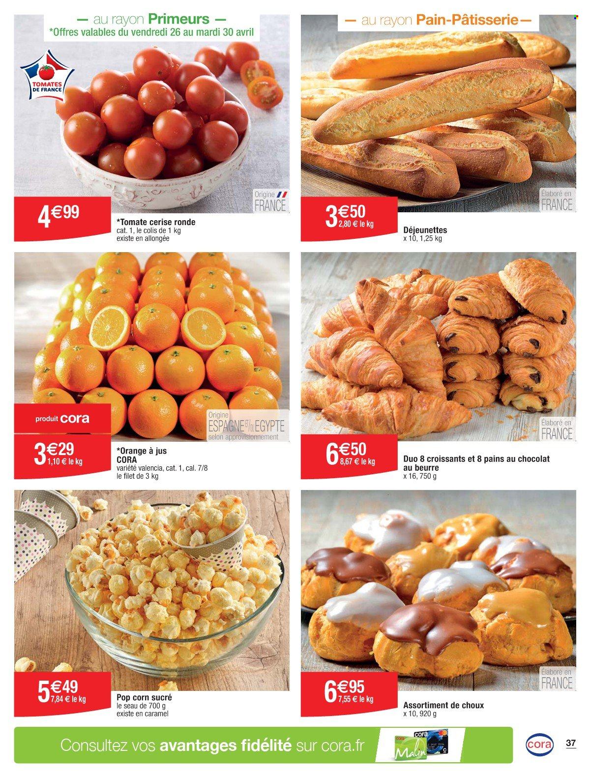 thumbnail - Catalogue Cora - 26/04/2024 - 11/05/2024 - Produits soldés - oranges, tomates, croissant, pain au chocolat, popcorn, sucre. Page 37.