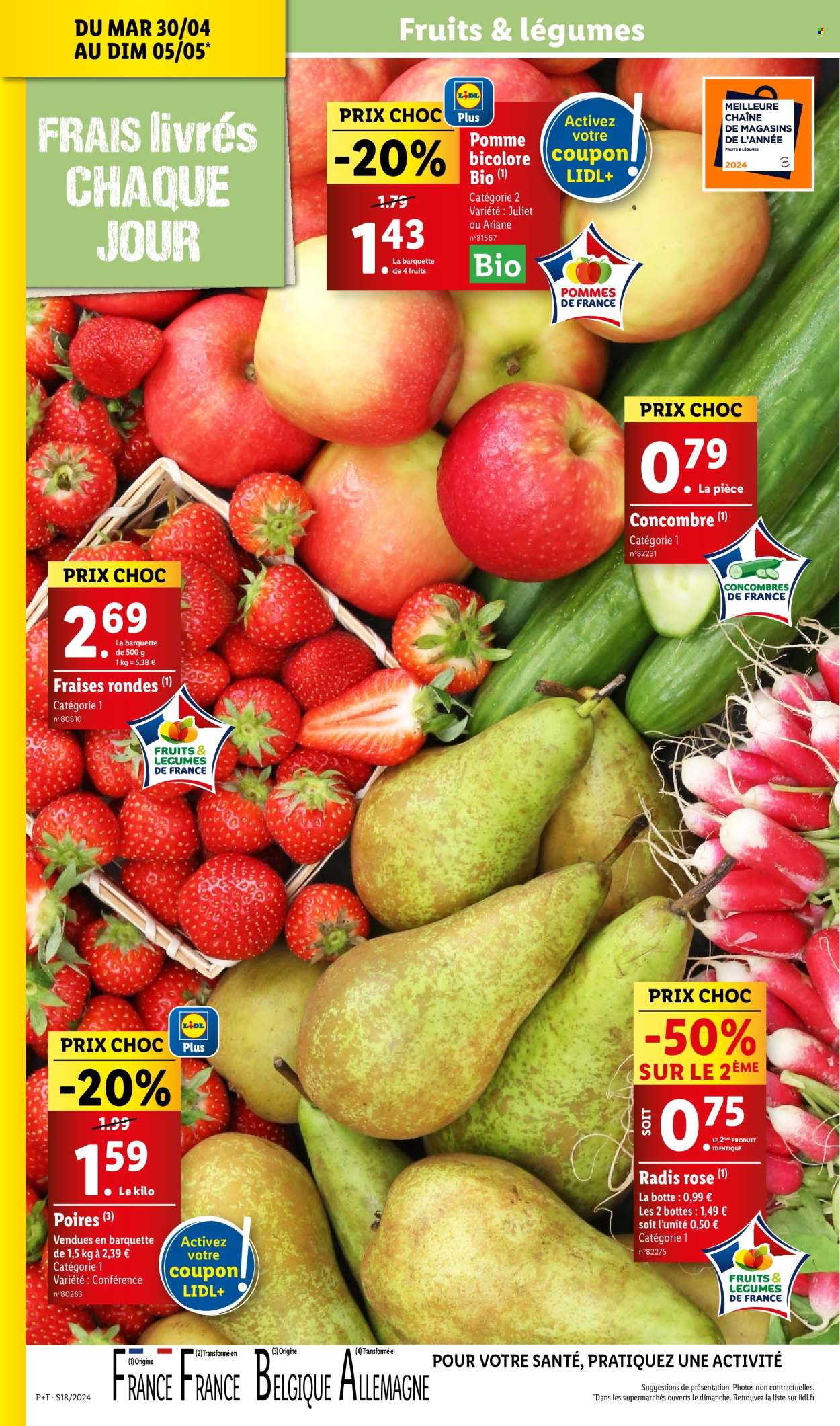 thumbnail - Catalogue Lidl - 30/04/2024 - 07/05/2024 - Produits soldés - bottes, pommes, fraises, poire, concombre, fleur. Page 4.