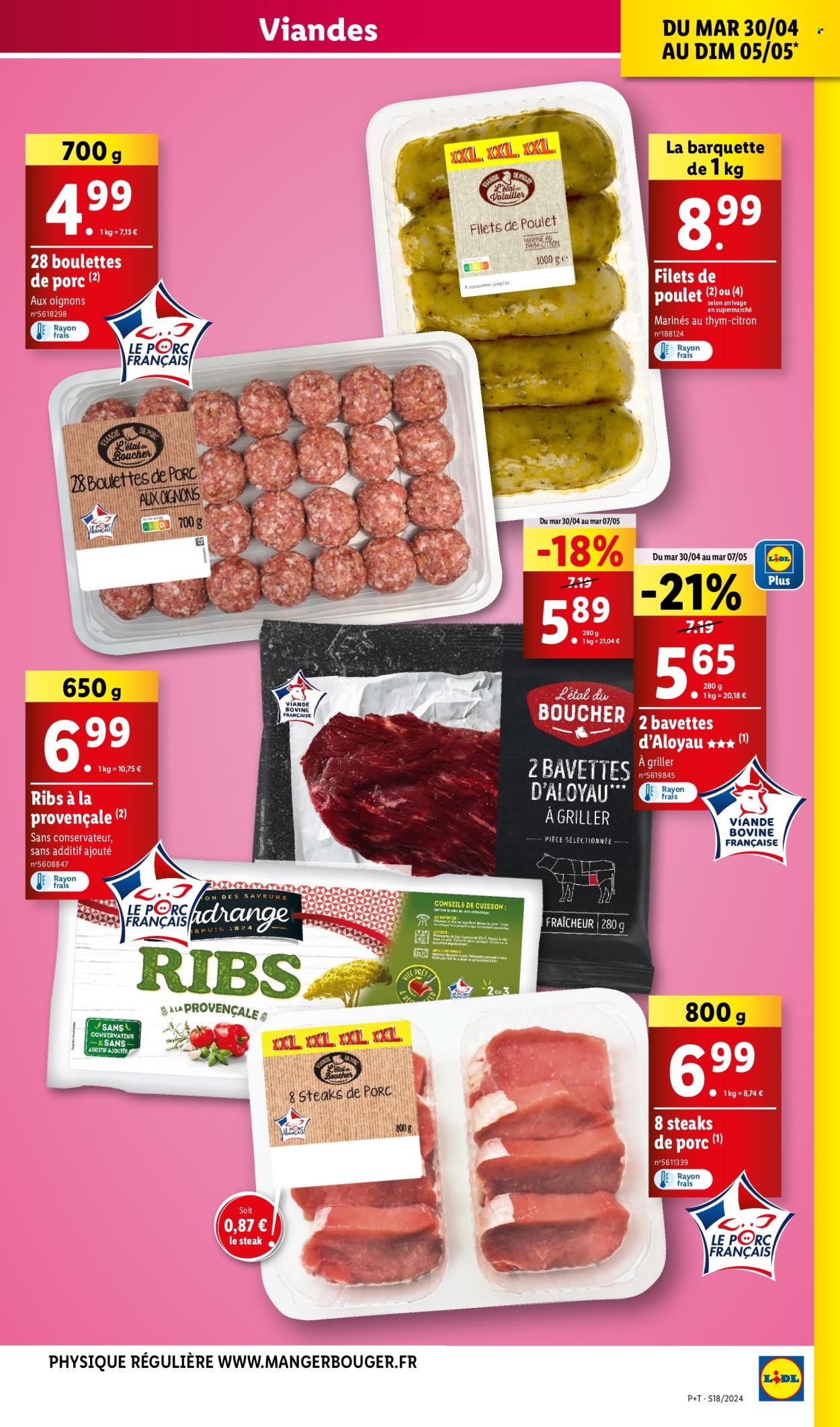 thumbnail - Catalogue Lidl - 30/04/2024 - 07/05/2024 - Produits soldés - steak, viande de porc, viande, citron, filet de poulet, viande de poulet, viande boeuf, thym, fleur. Page 5.