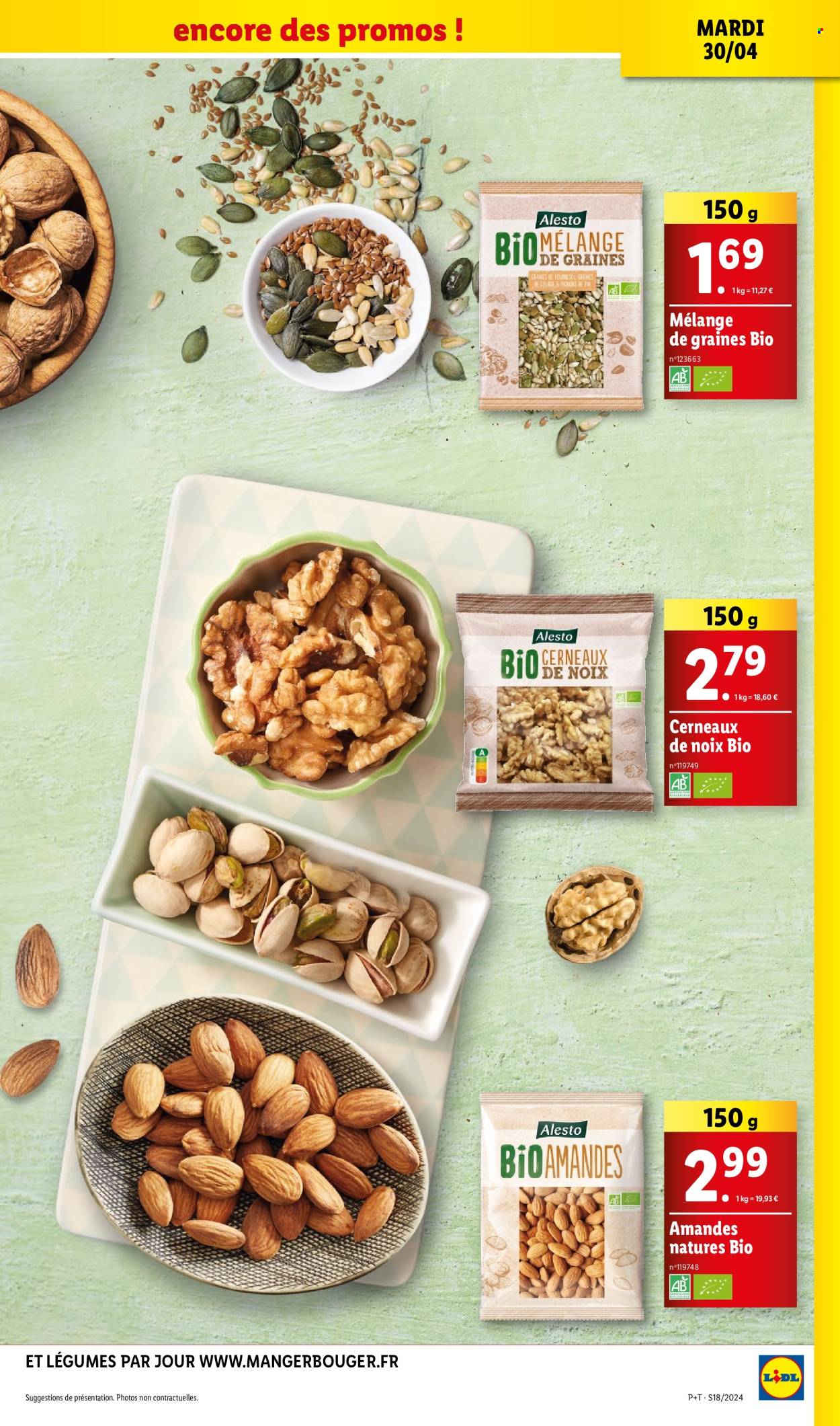 thumbnail - Catalogue Lidl - 30/04/2024 - 07/05/2024 - Produits soldés - amandes, graines de courge, cerneaux de noix, noix, aliment pour oiseaux. Page 13.