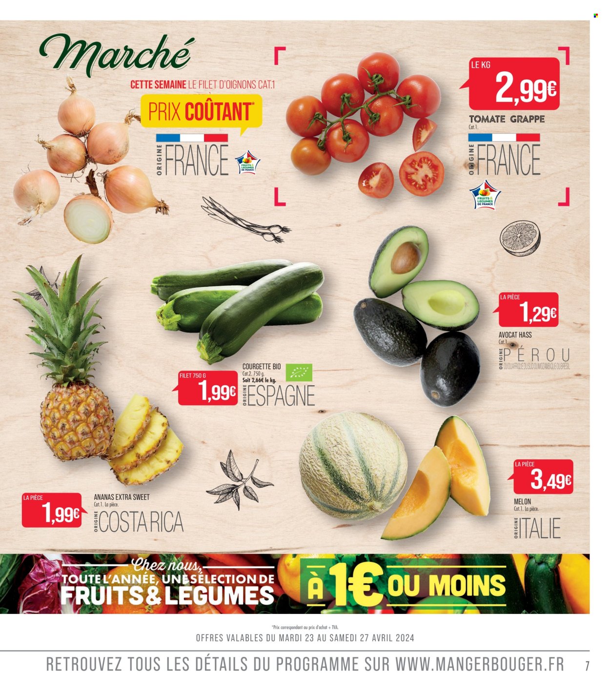 thumbnail - Catalogue Supermarché Match - 23/04/2024 - 05/05/2024 - Produits soldés - avocat, ananas, melon, tomates, courgette, oignons. Page 7.
