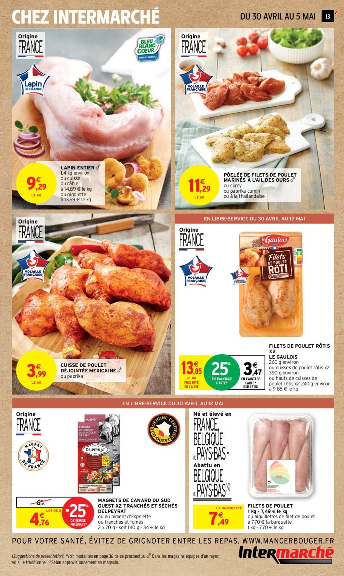 thumbnail - Catalogue Intermarché - 30/04/2024 - 12/05/2024 - Produits soldés - viande de canard, filet de poulet, viande de poulet, cuisse de poulet, lapin entier, viande de lapin. Page 13.