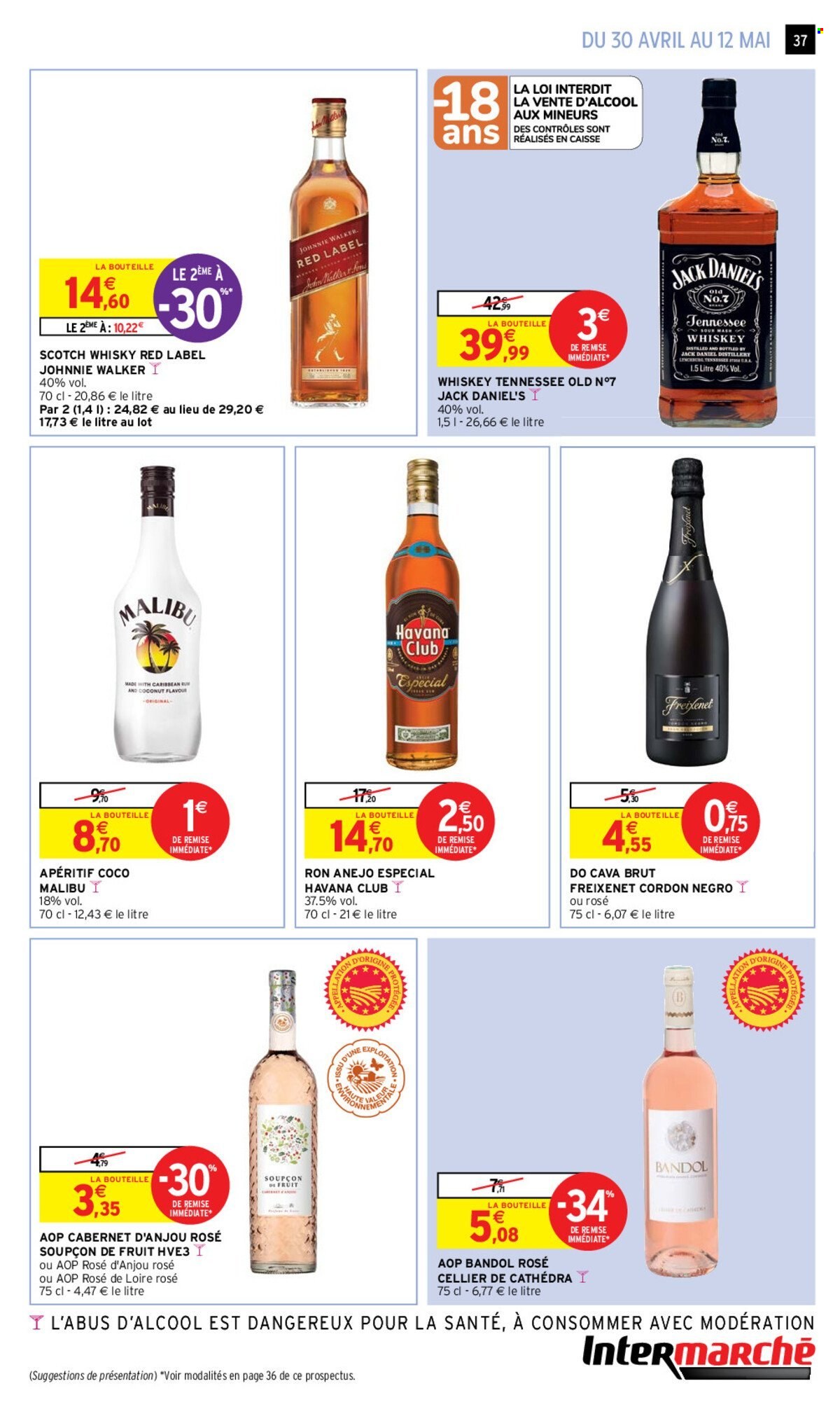 thumbnail - Catalogue Intermarché - 30/04/2024 - 12/05/2024 - Produits soldés - vin rosé, vin, alcool, vins de Loire, vin pétillant, rhum, apéritif, whisky, Jack Daniel. Page 37.