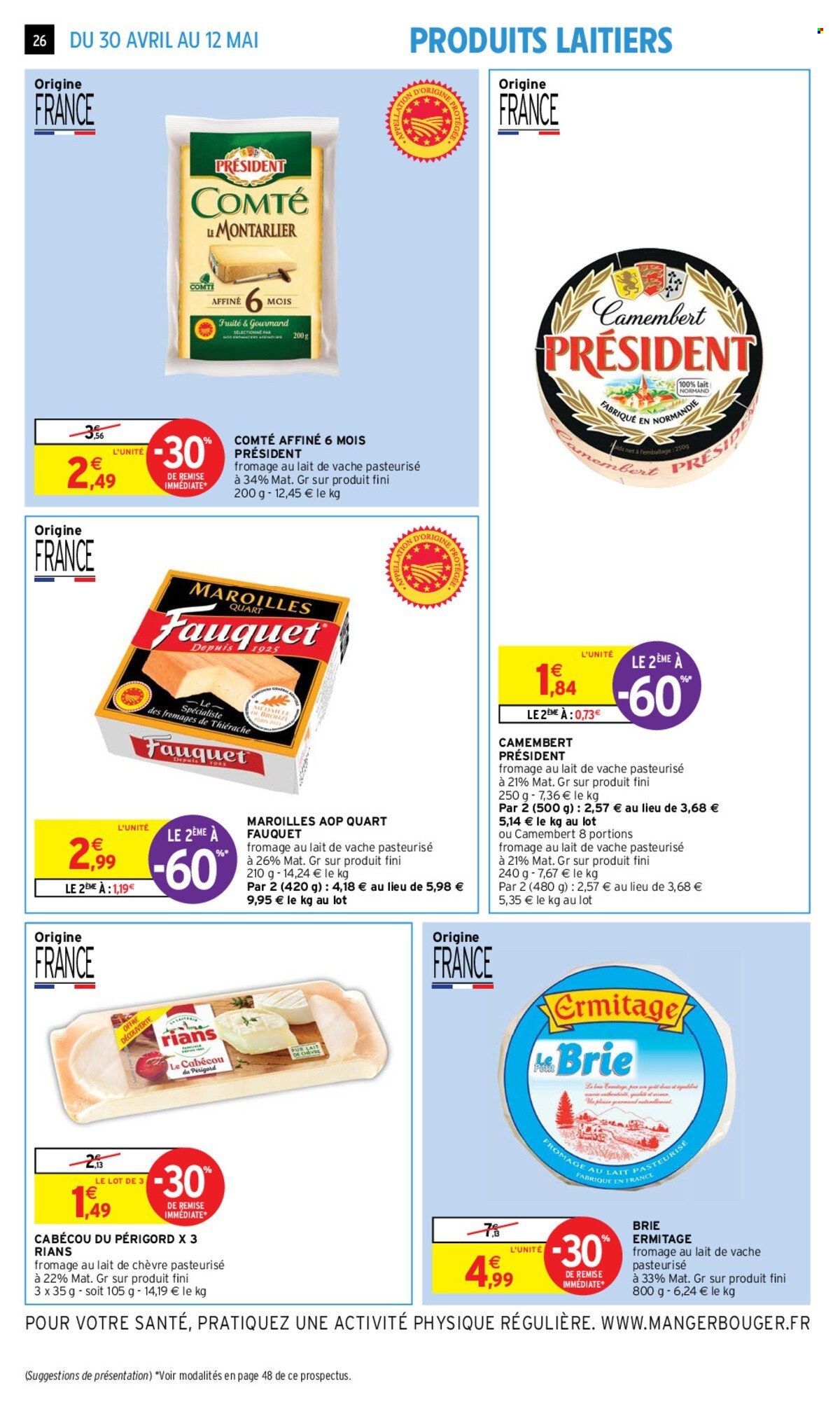 thumbnail - Catalogue Intermarché Hyper - 30/04/2024 - 12/05/2024 - Produits soldés - Brie, fromage, cabécou, camembert, Président, Maroilles, Comté. Page 26.