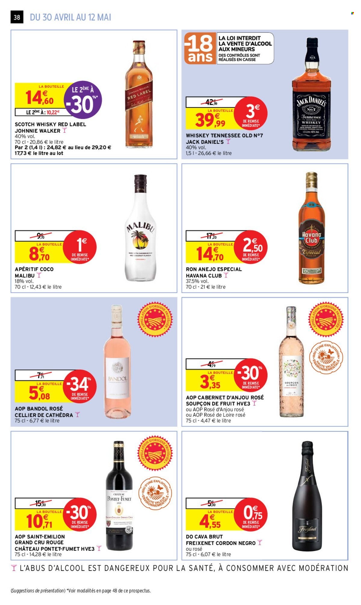 thumbnail - Catalogue Intermarché Hyper - 30/04/2024 - 12/05/2024 - Produits soldés - alcool, vin pétillant, vin rouge, vin, vin rosé, vins de Loire, rhum, apéritif, whisky, Jack Daniel. Page 38.