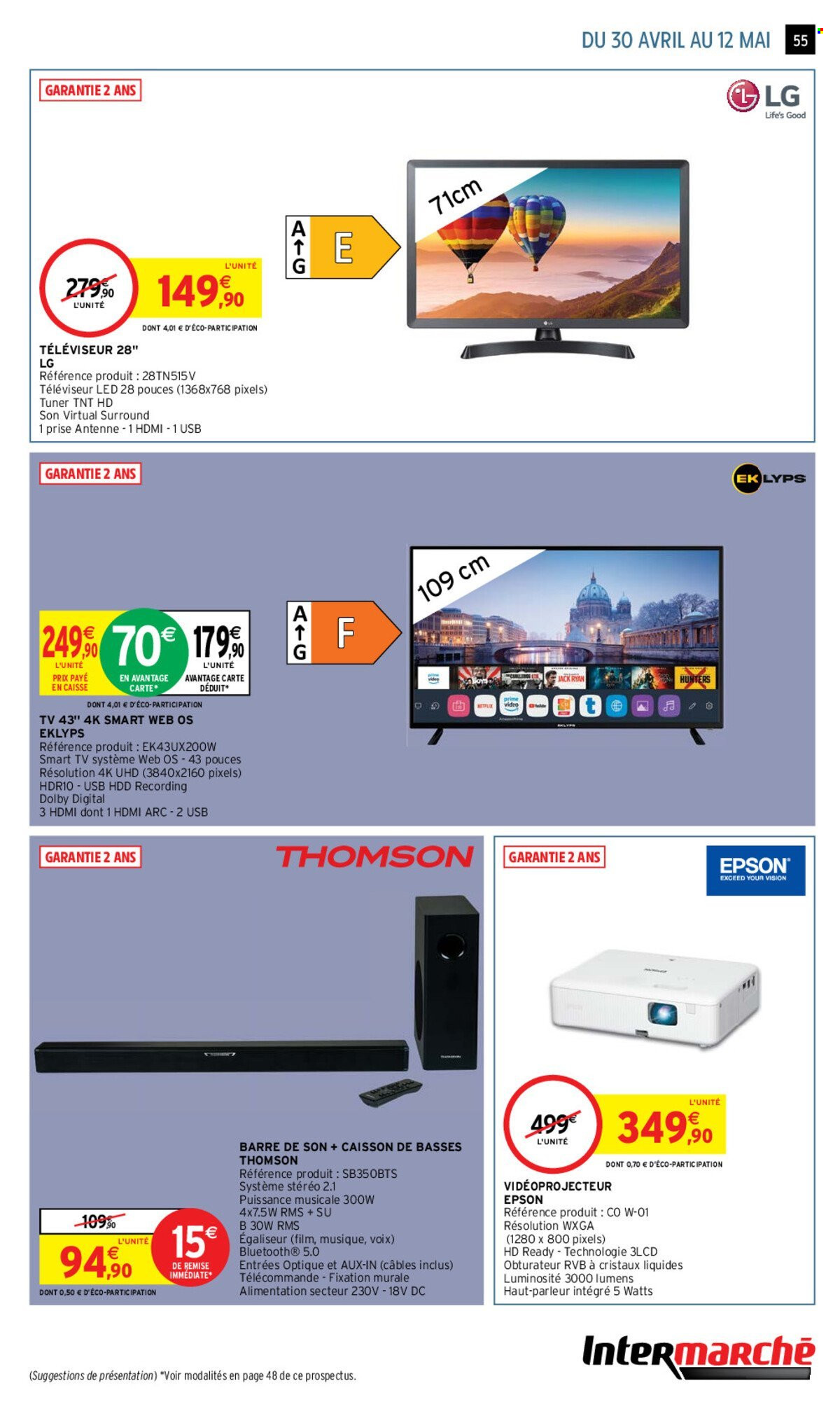 thumbnail - Catalogue Intermarché Hyper - 30/04/2024 - 12/05/2024 - Produits soldés - Epson, vidéoprojecteur, Thomson, barre de son, LG, téléviseur. Page 55.