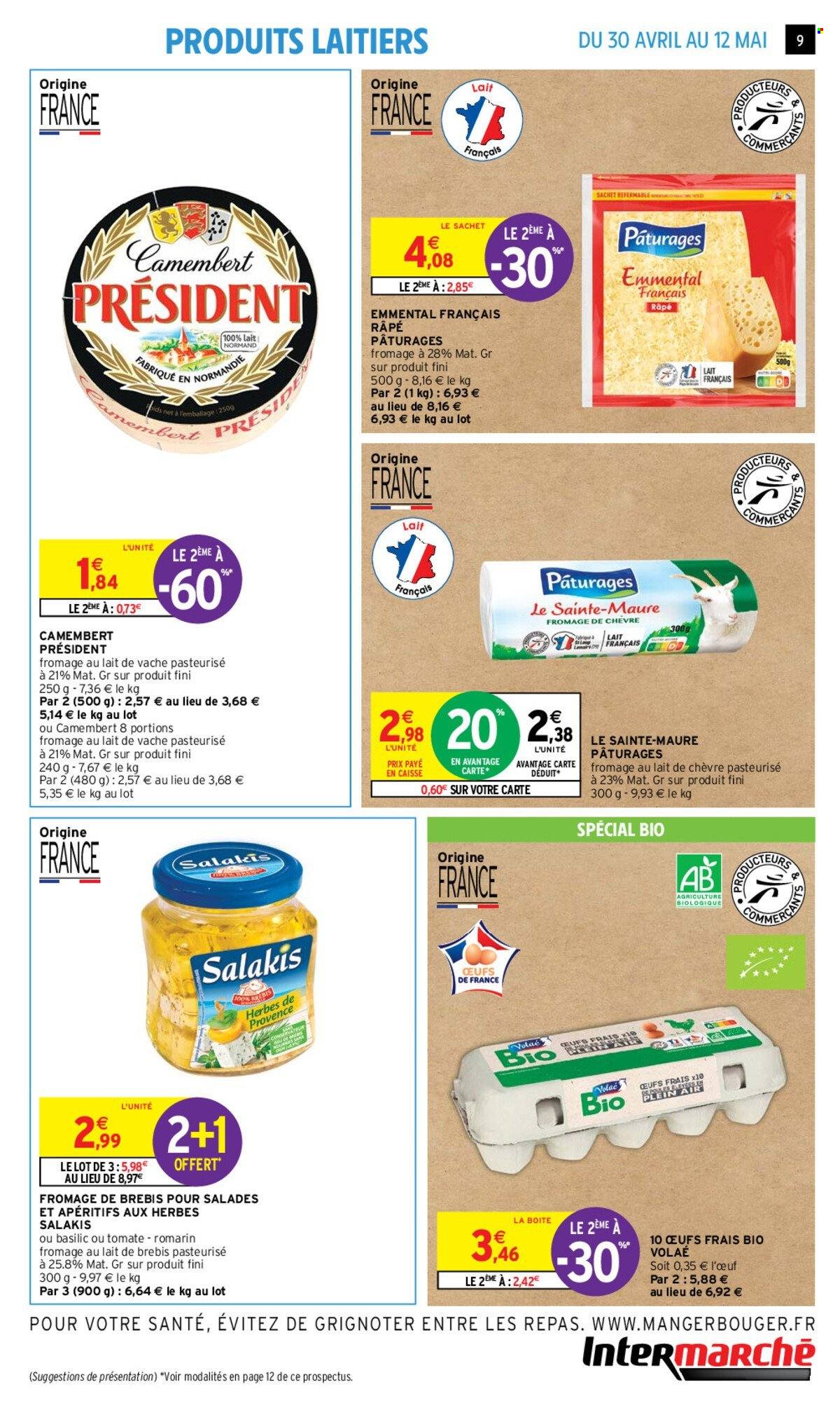 thumbnail - Catalogue Intermarché - 30/04/2024 - 12/05/2024 - Produits soldés - œufs, salade, fromage, Salakis, fromage de chèvre, Sainte-maure, emmental, camembert, Président. Page 9.