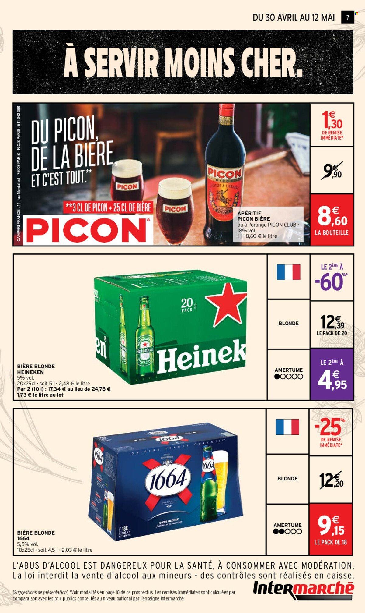 thumbnail - Catalogue Intermarché - 30/04/2024 - 12/05/2024 - Produits soldés - bière, bière blonde, alcool, 1664, Heineken, apéritif. Page 7.