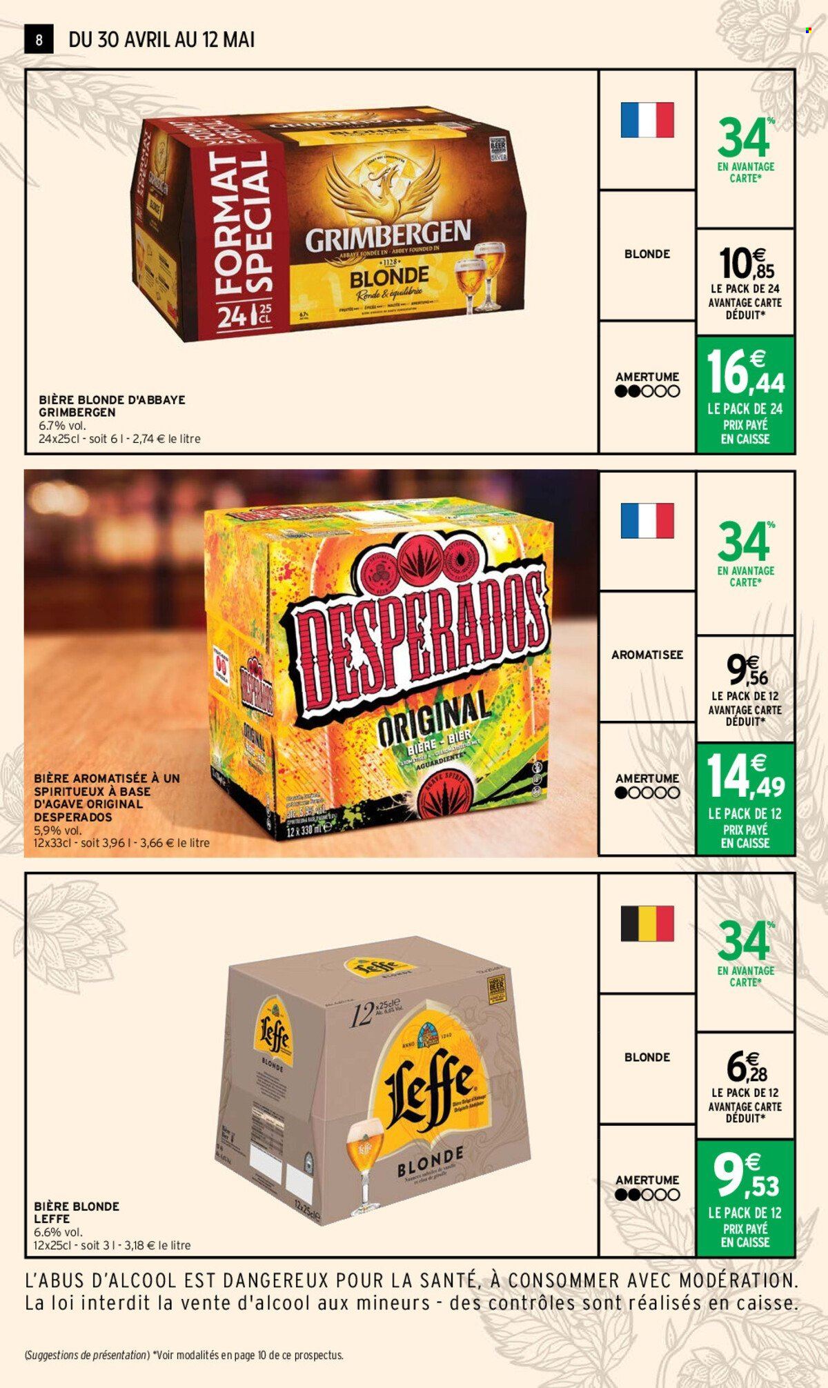 thumbnail - Catalogue Intermarché - 30/04/2024 - 12/05/2024 - Produits soldés - Leffe, bière, bière blonde, alcool, Desperados, Grimbergen. Page 8.