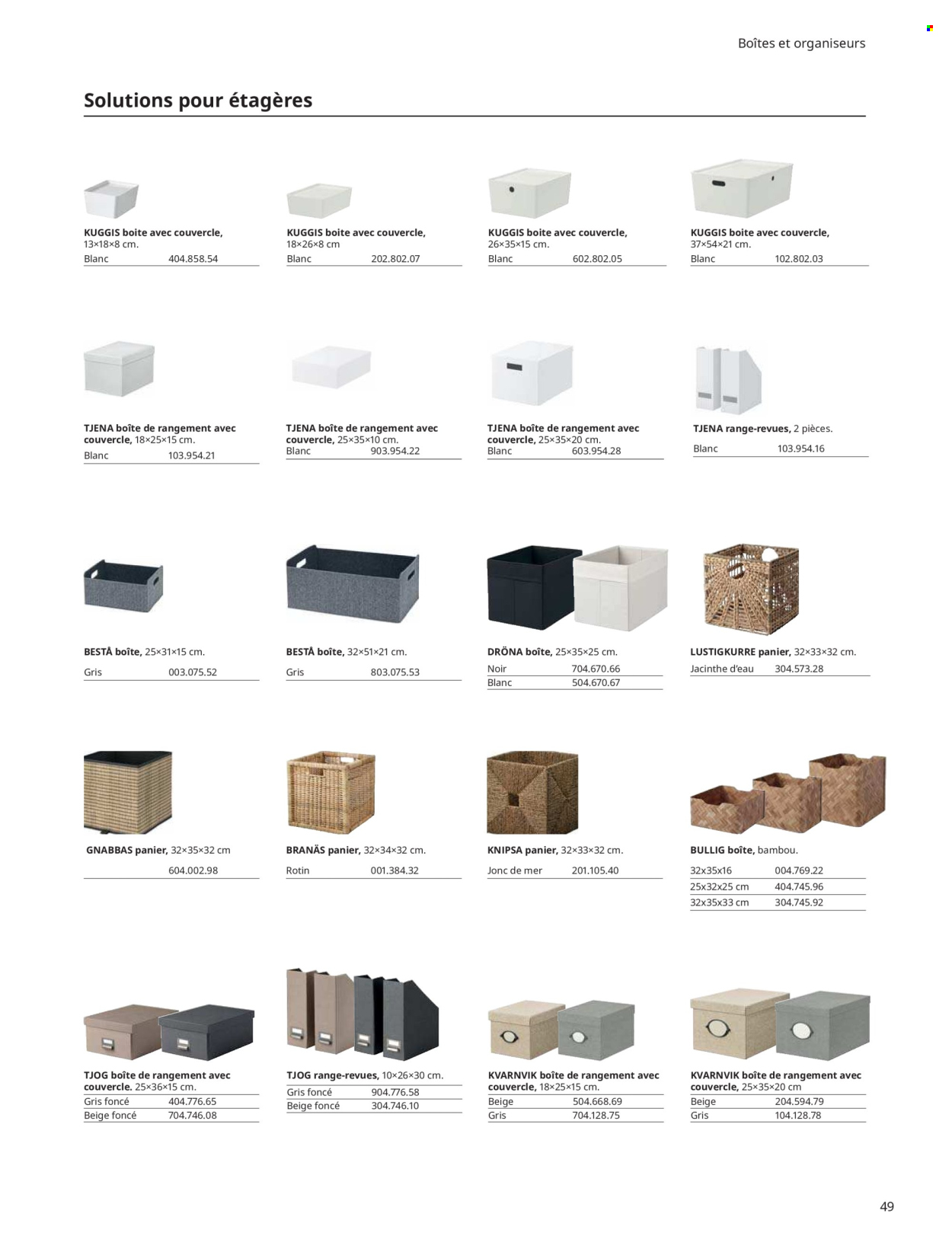 thumbnail - Catalogue IKEA - Produits soldés - bureau, boîte de rangement, panier, couvercle, stylo, DVD, porte-magazines, bambou. Page 49.