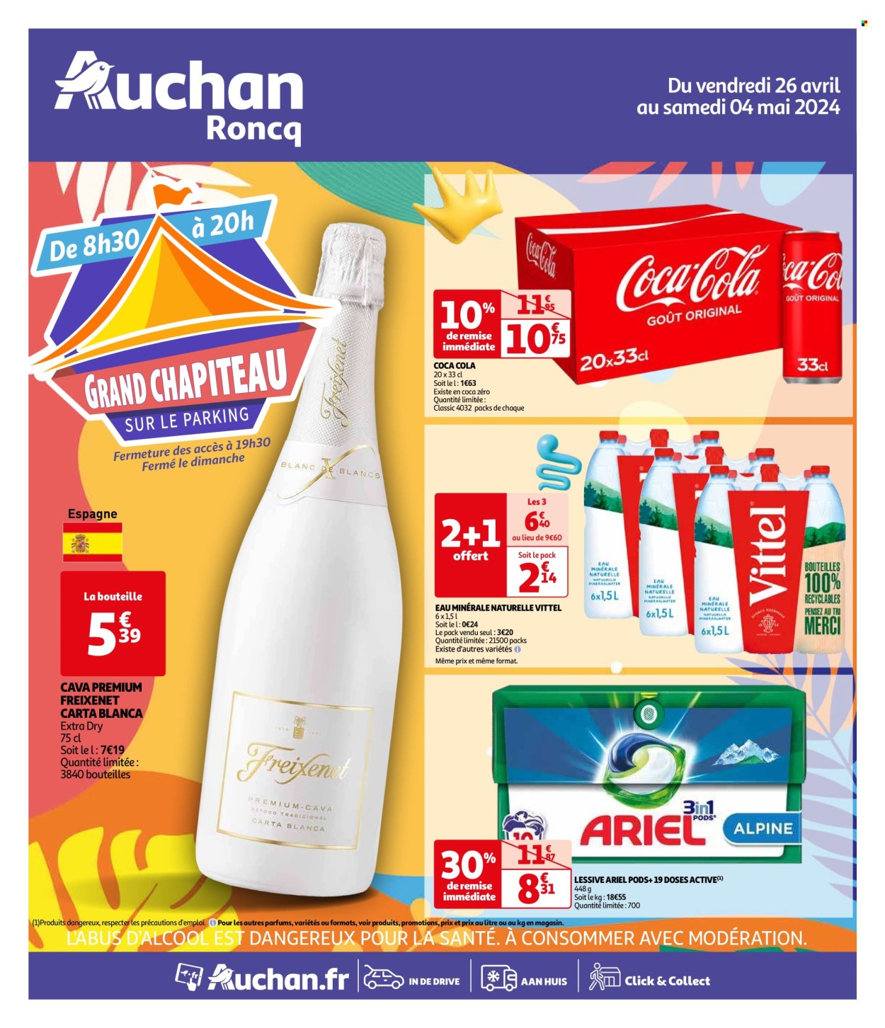 thumbnail - Catalogue Auchan - 26/04/2024 - 04/05/2024 - Produits soldés - Coca-Cola, boire, eau minérale, eau minérale naturelle, Vittel, vin pétillant, Ariel, lessive, tablettes de lavage. Page 1.