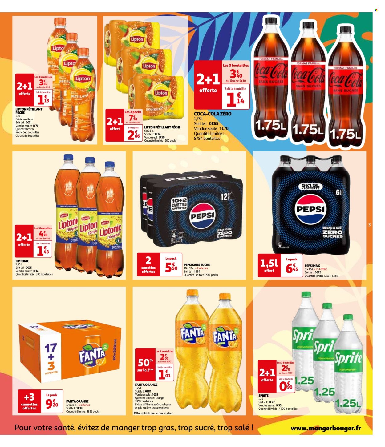 thumbnail - Catalogue Auchan - 26/04/2024 - 04/05/2024 - Produits soldés - citron, pêche, Coca-Cola, Lipton, Fanta, Pepsi, boire, Sprite, Pétillant. Page 3.