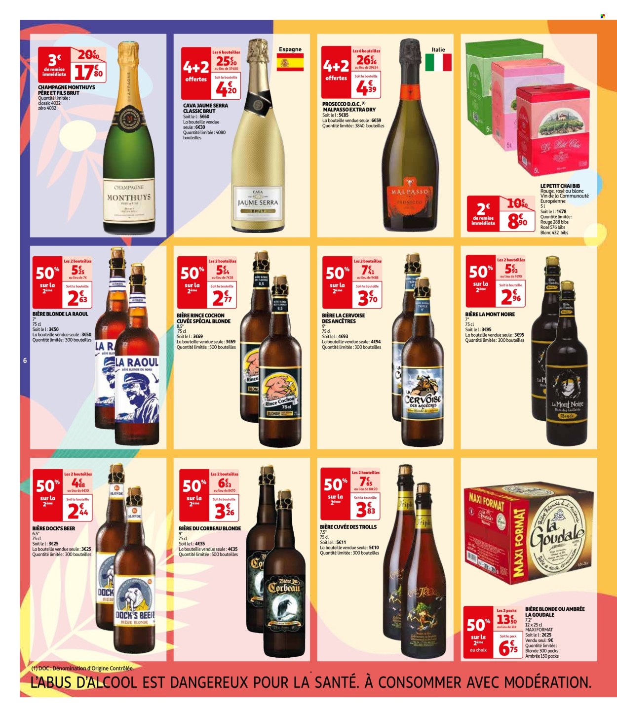 thumbnail - Catalogue Auchan - 26/04/2024 - 04/05/2024 - Produits soldés - cochon, bière, bière blonde, Goudale, champagne, vin blanc, Prosecco, vin, vin pétillant. Page 6.